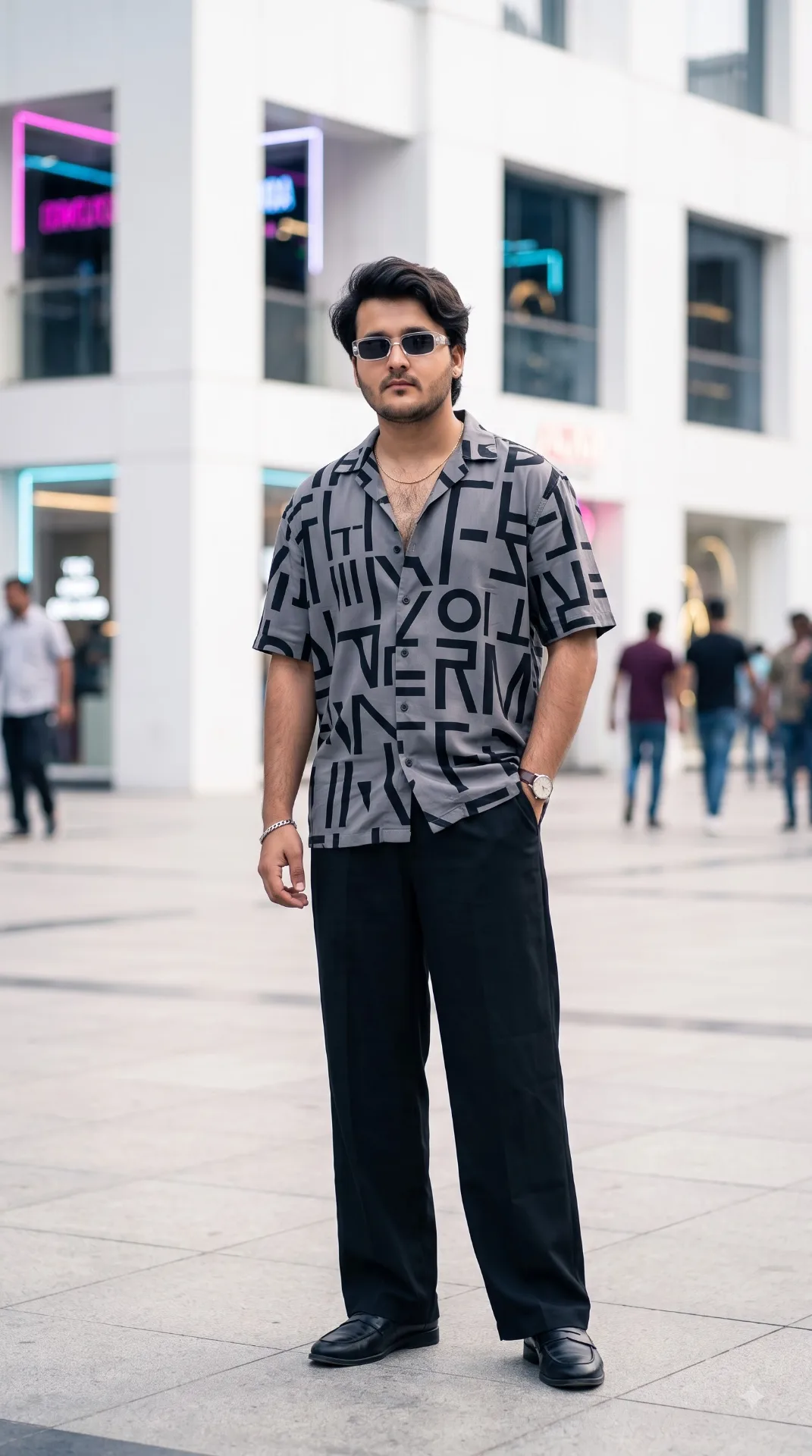 A full-body cinematic street fashion photograph of a young man (Use 100% same face as uploaded picture) posing Stylishly in a modern urban