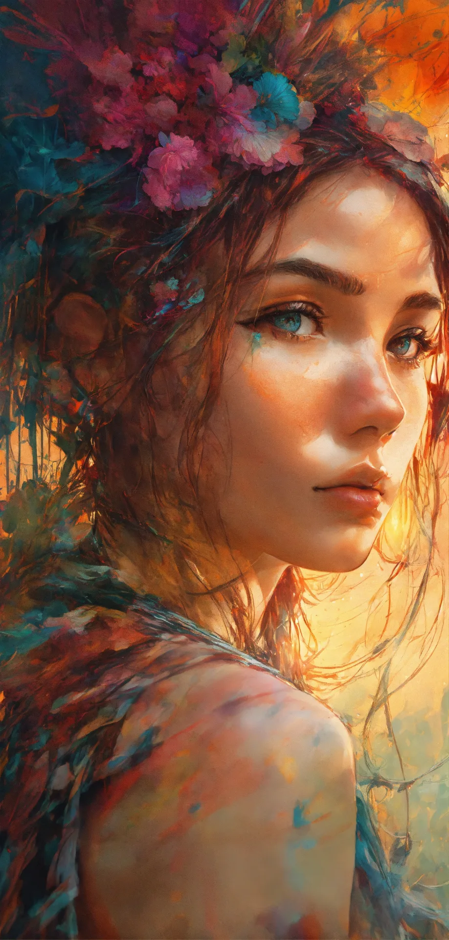A highly detailed digital painting in a blend of realistic and painterly styles, capturing an intimate close-up portrait of a woman looking