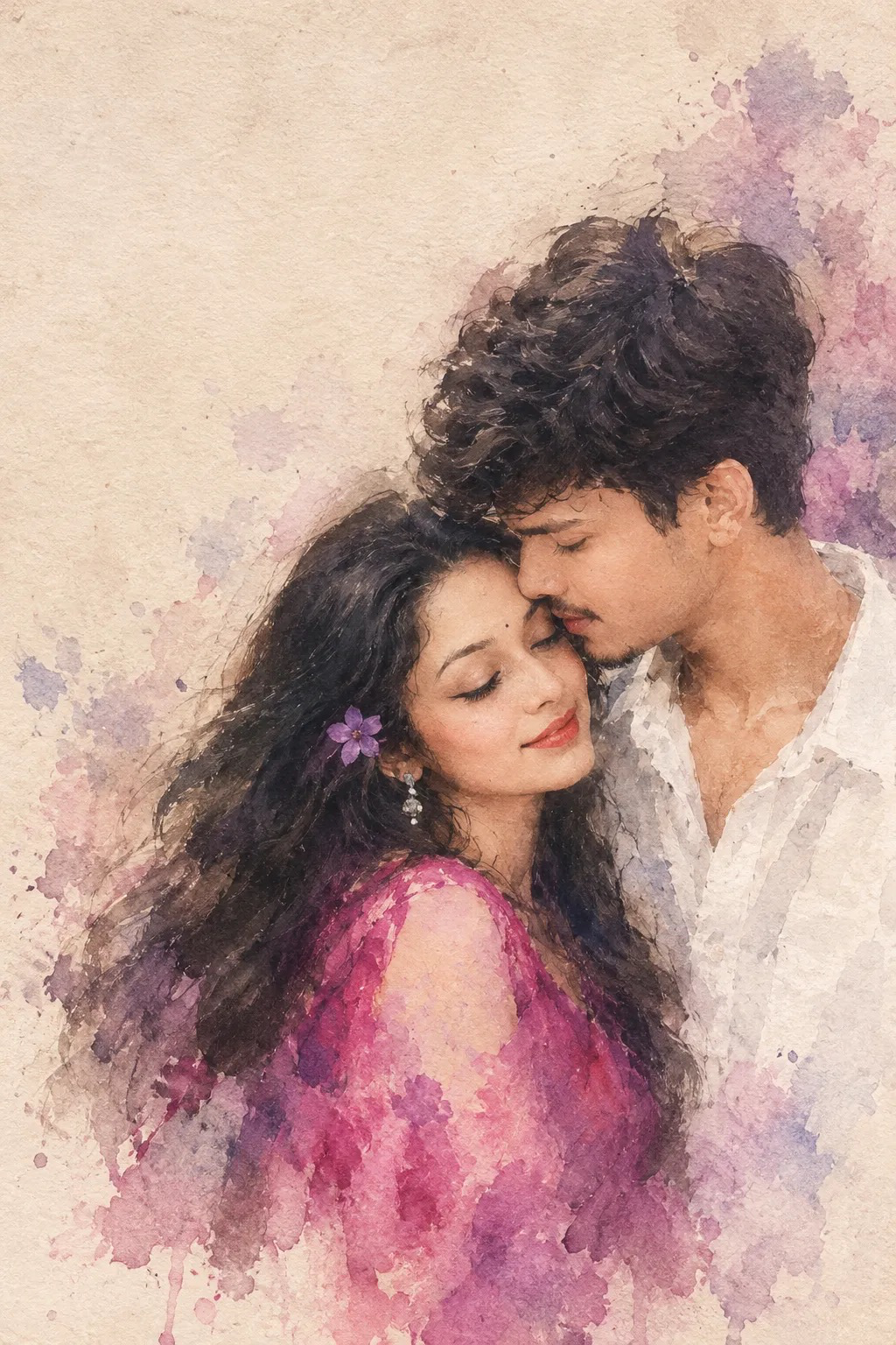 “A romantic impressionist watercolor painting of a young couple standing closely in an intimate pose.