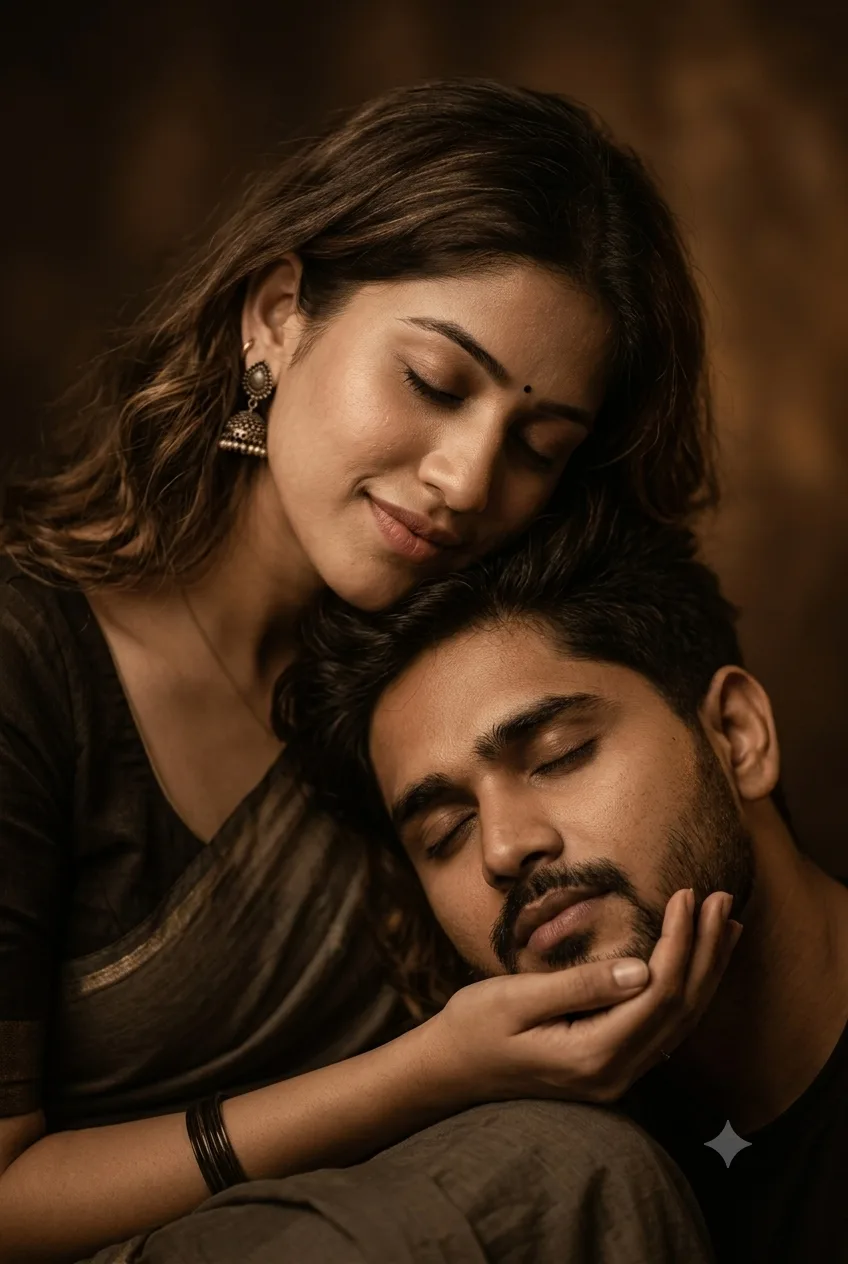 Create an ultra-realistic, intimate cinematic portrait of a young Indian couple, using the provided reference image as the ABSOLUTE STRICT