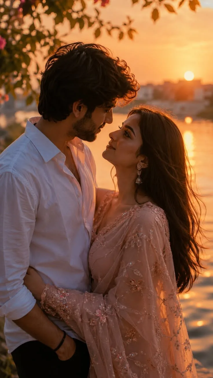 A romantic, cinematic portrait of a young South Asian couple standing close together by a river at sunset.