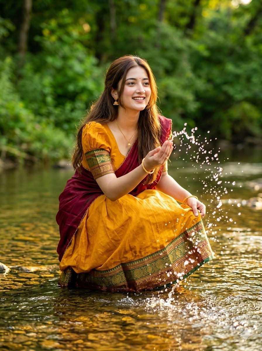 Image using on Gamini nano banana pro Prompt💬 Photorealistic outdoor portrait of a joyful young woman playing in a shallow forest river.