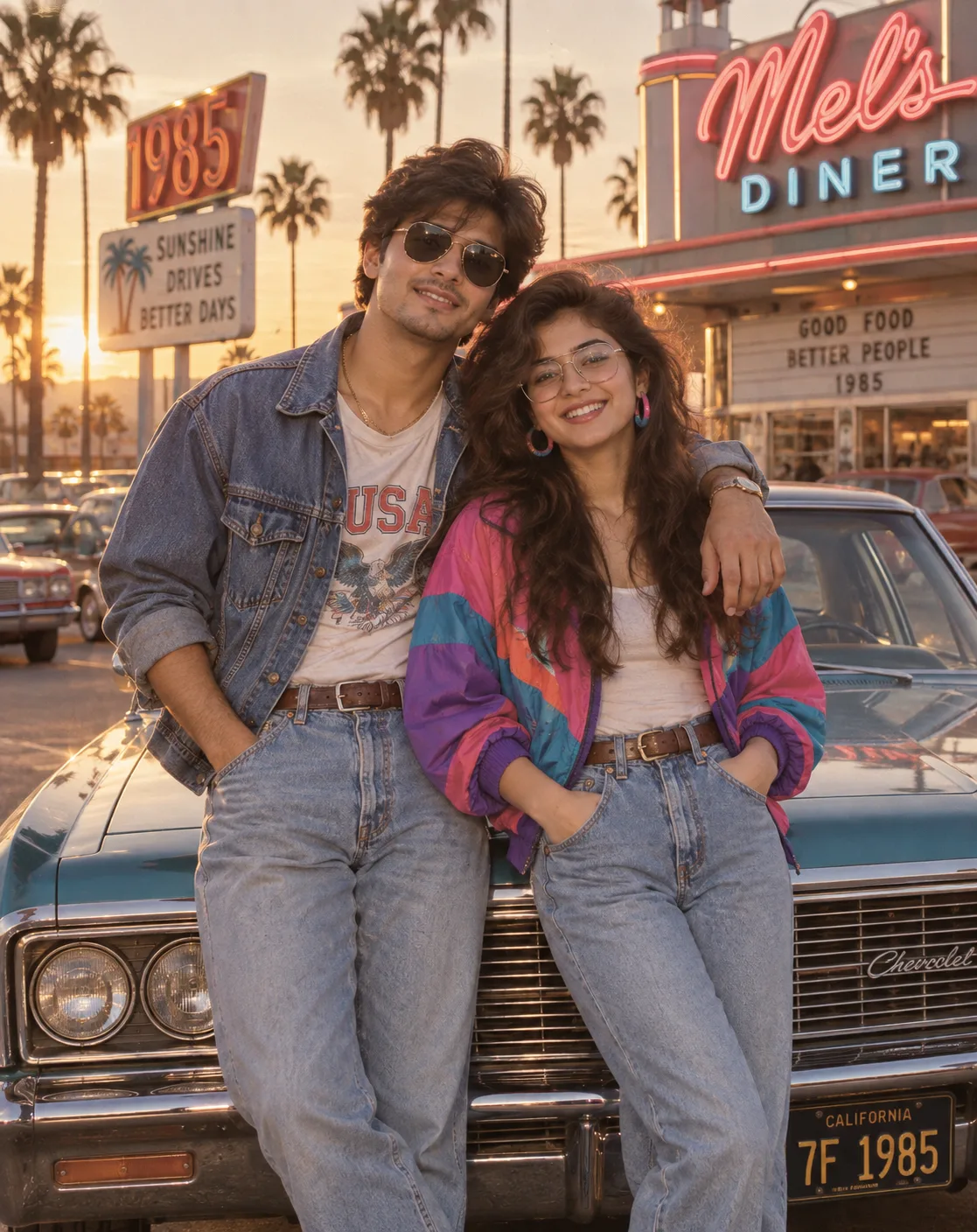 📸 Exact Image Prompt > Create a highly realistic vertical 4:5 cinematic 1980s American retro couple fashion photograph featuring a young