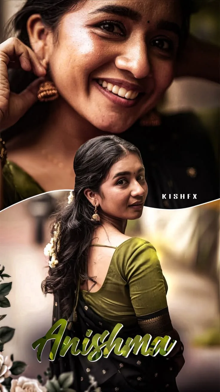 A photorealistic vertical aesthetic portrait collage of the young South Asian woman named Anishma from the reference image, faithfully