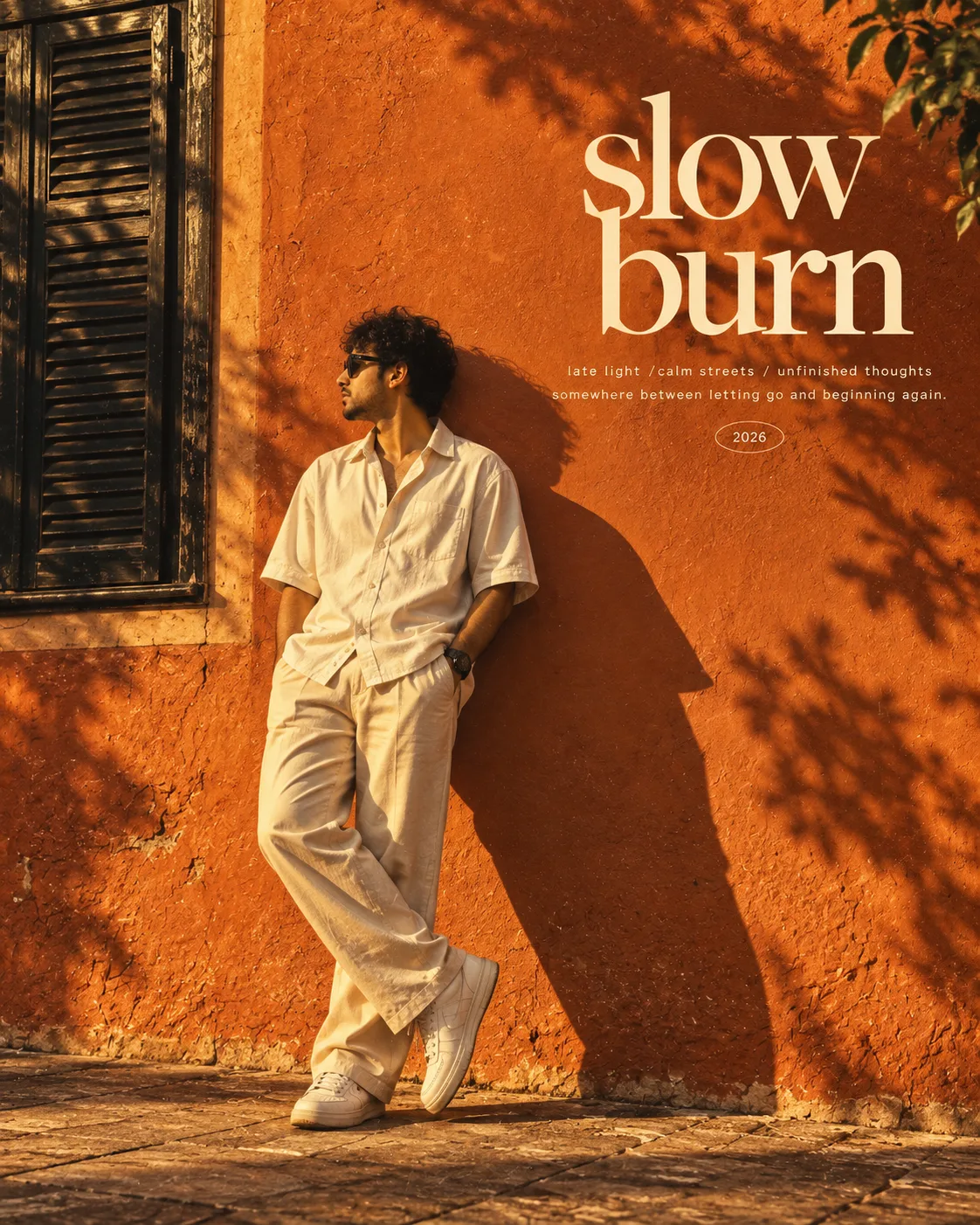 Cinematic golden-hour fashion editorial of a young man leaning casually against a textured burnt-orange stucco wall, full-body side profile