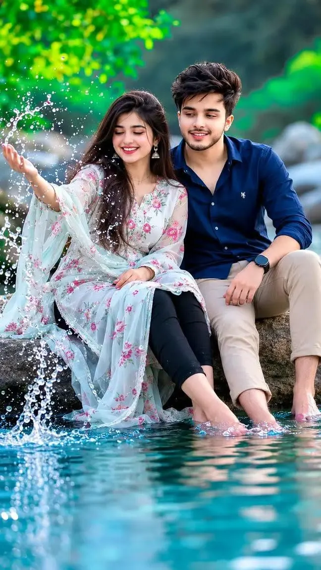 A beautiful romantic candid lifestyle portrait of a young South Asian couple sitting by a crystal-clear blue river, splashing water and
