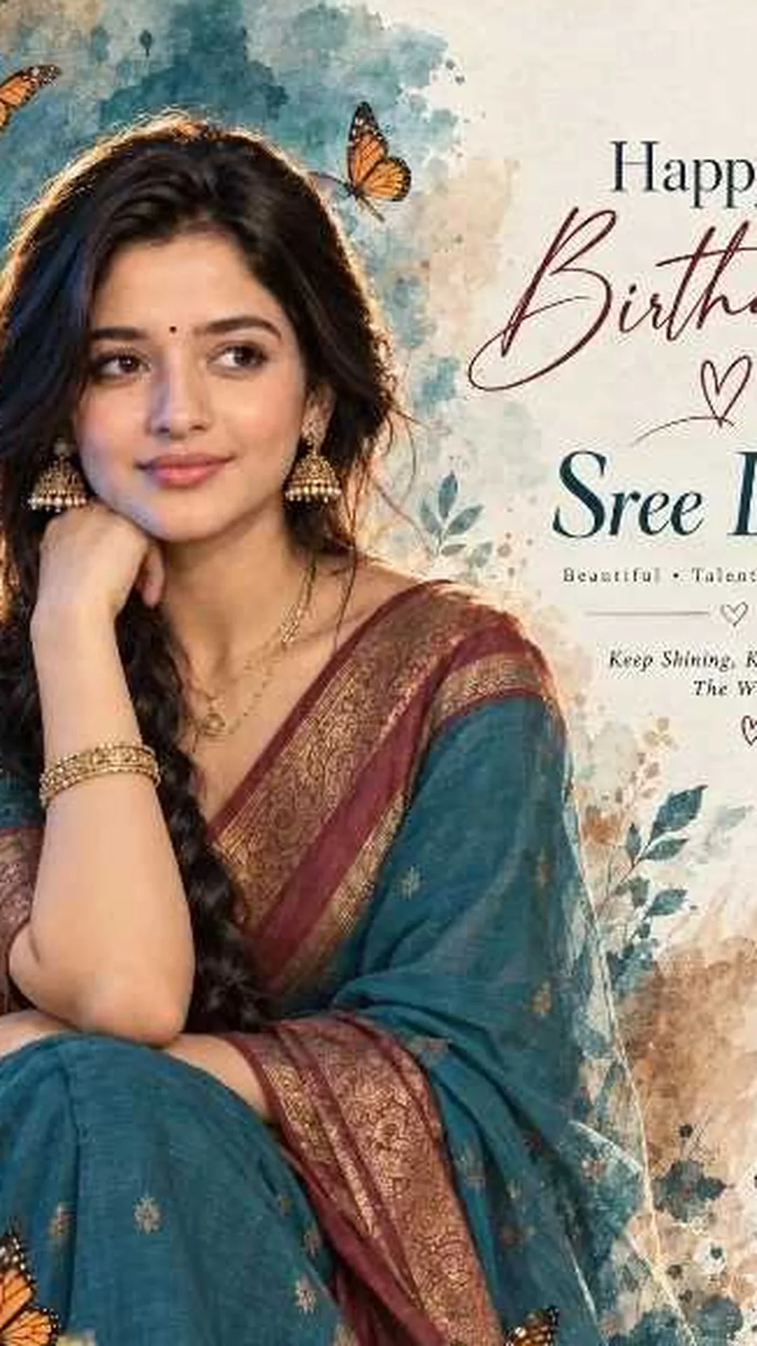 A beautiful portrait of a young Indian actress Sree Leela, wearing an elegant teal blue saree with maroon and gold zari border, gold jhumka