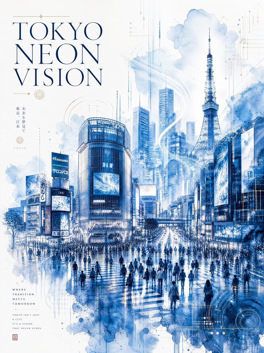 Created with GPT Image 2.0 on ChatGPT Prompt: Ultra-detailed watercolor travel poster titled “TOKYO NEON VISION”, blending futuristic urban