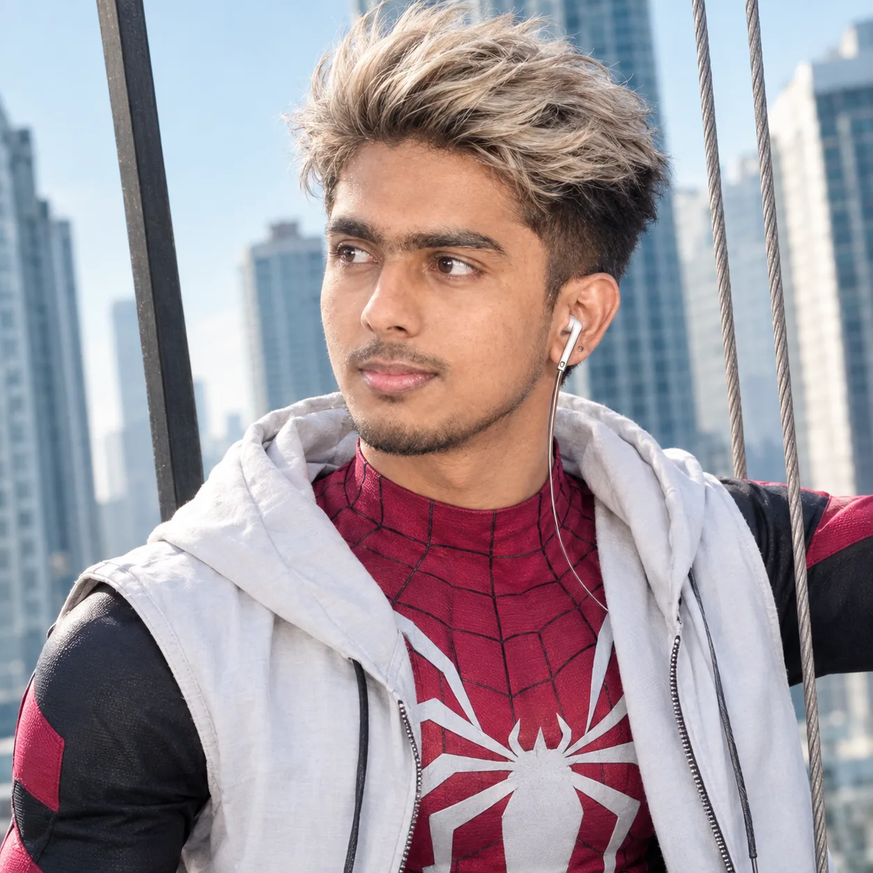 Subject & Pose: A close-up portrait of a young South Asian man looking off to the side with a calm, focused expression.