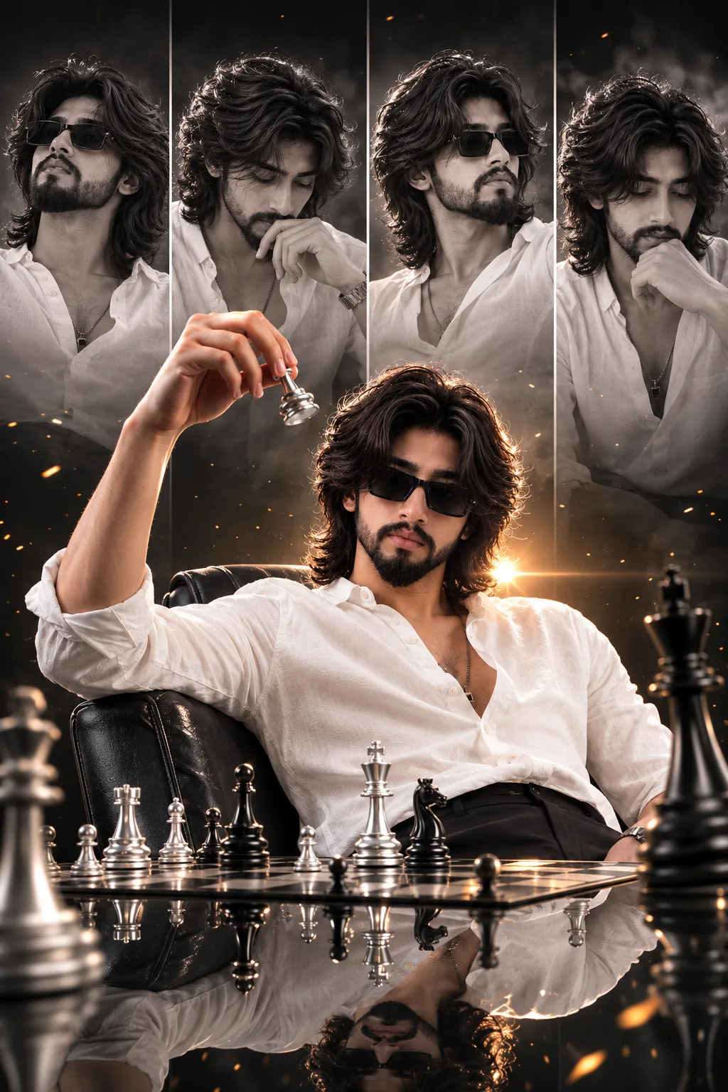 Prompt: A high-concept, cinematic portrait photo featuring a subject playing chess, set against a dark multi-panel background reflection