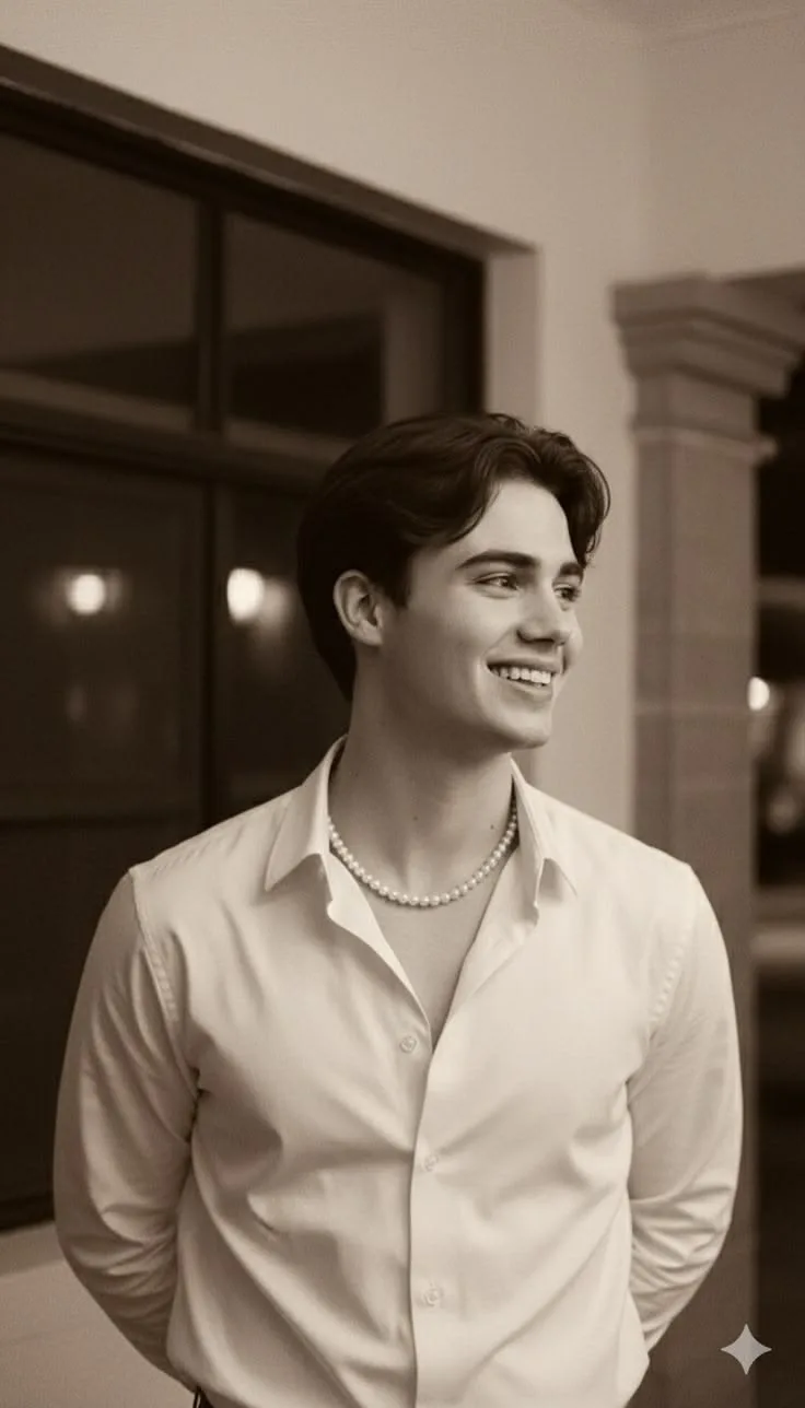 A timeless, sepia-toned vintage portrait of a charming young man with classic styled hair, wearing a simple white open-collar button-down