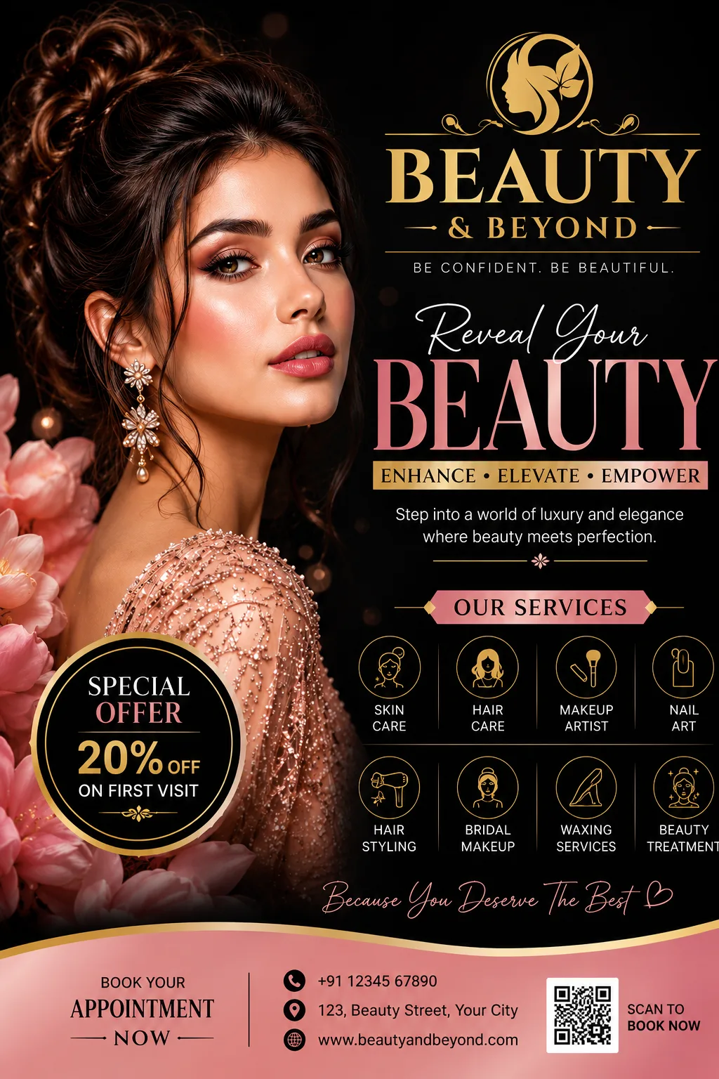 Create an ultra-realistic, premium luxury beauty salon promotional poster in a vertical 2:3 format.