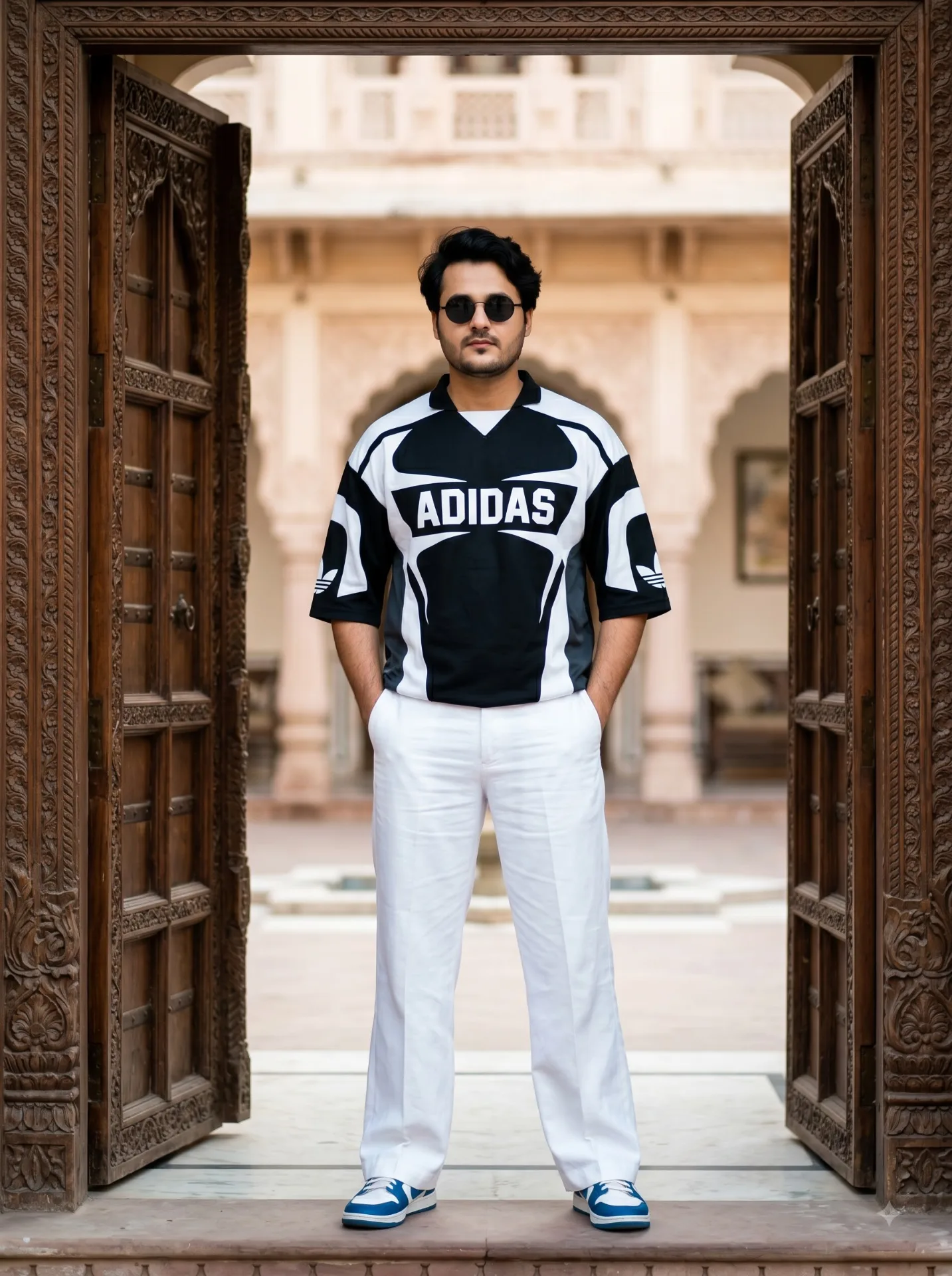 A high-fashion editorial full body portrait of a stylish young man with dark brown stylish hair, standing in a grand, carved wooden