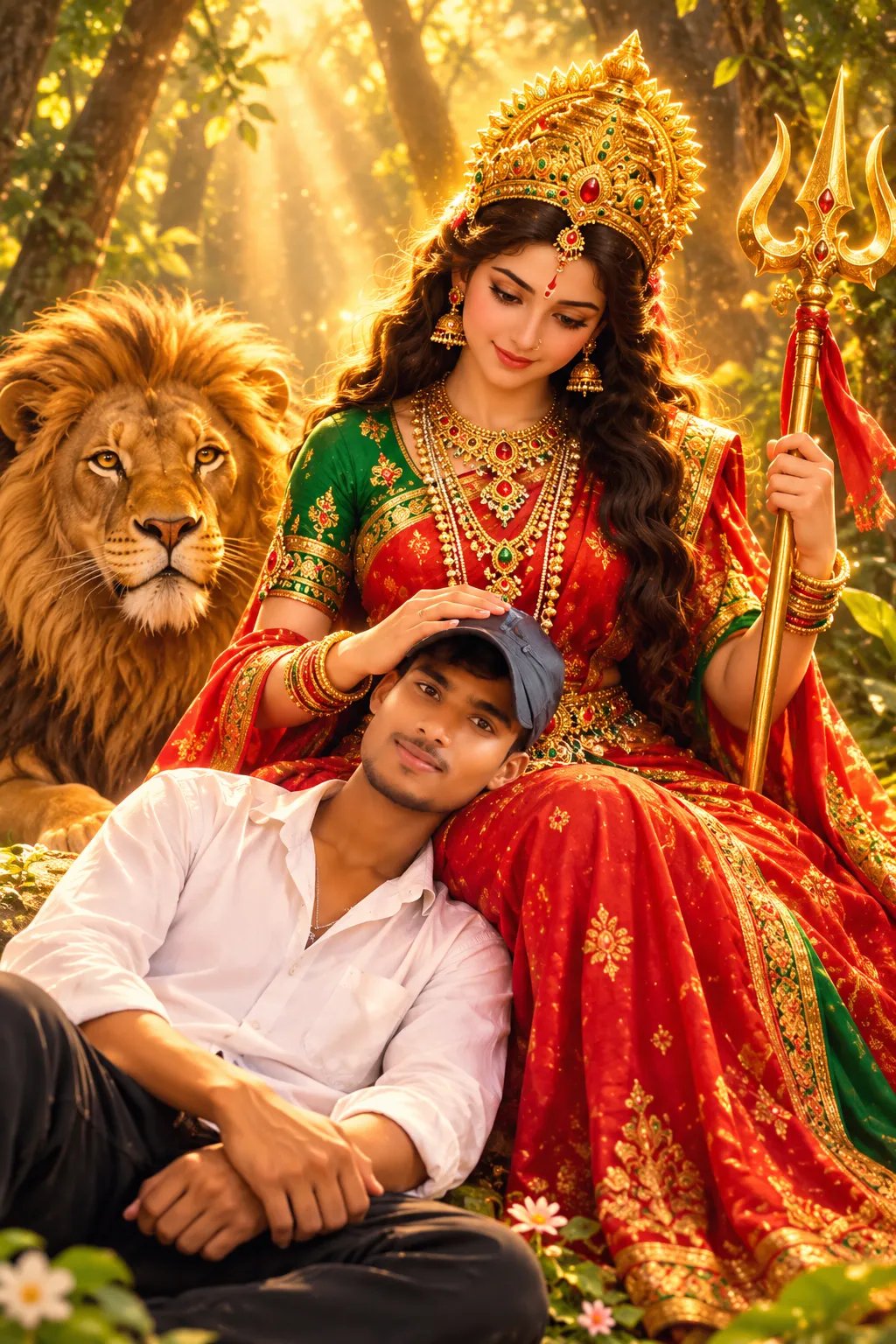 A beautiful 3D digital art illustration of Goddess Durga blessing a young Indian boy who is resting his head on her lap.