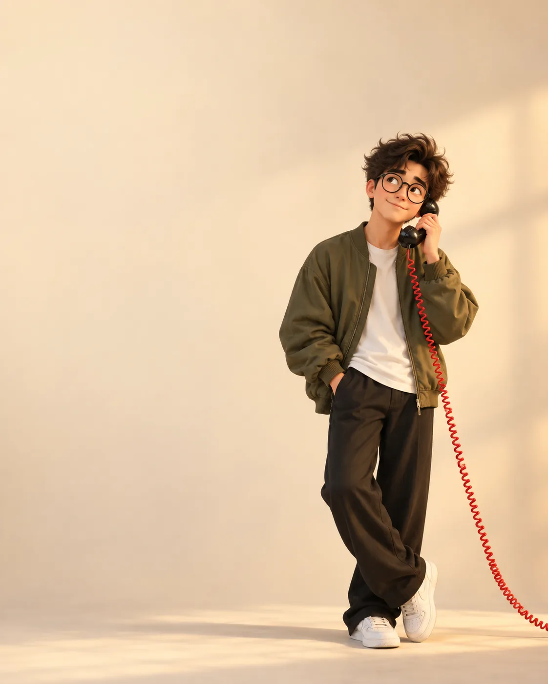 Warm minimalist 3D animated editorial illustration of a cute young man with tousled dark-brown hair, large round black glasses and a gentle