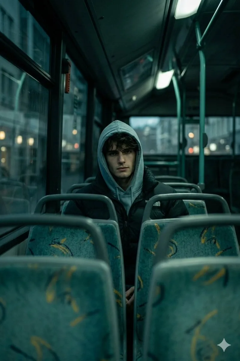 Create A deeply atmospheric and cinematic interior shot, captured from a slightly low-angle perspective, looks forward from an empty seat