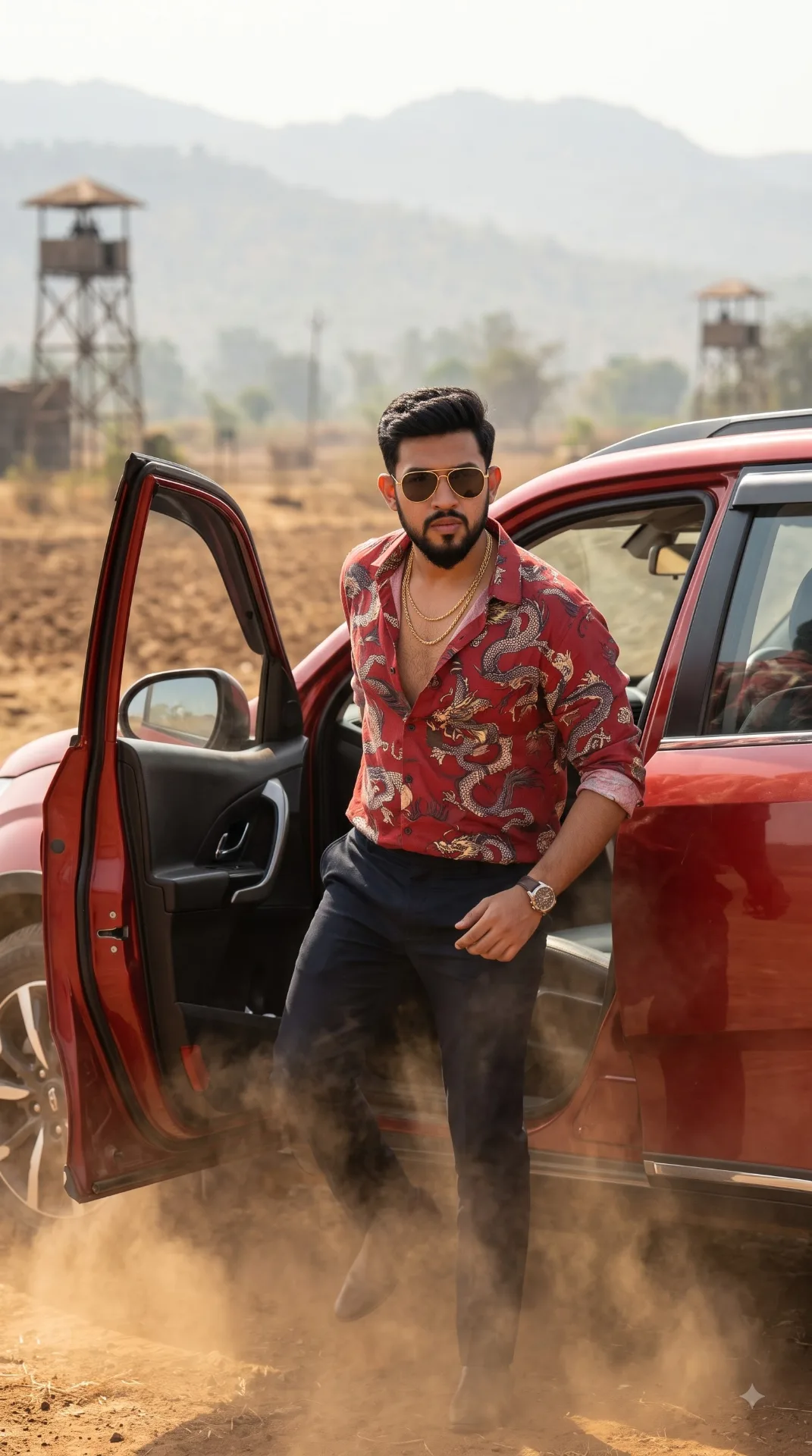 A close shot image of A man stepping out of a Red SUV in a dusty rural setting, cinematic action vibe.