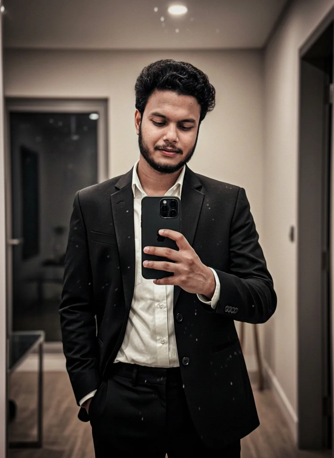 A young South Asian man with short curly black hair and a neat full beard takes a confident mirror selfie in a modern hotel hallway.