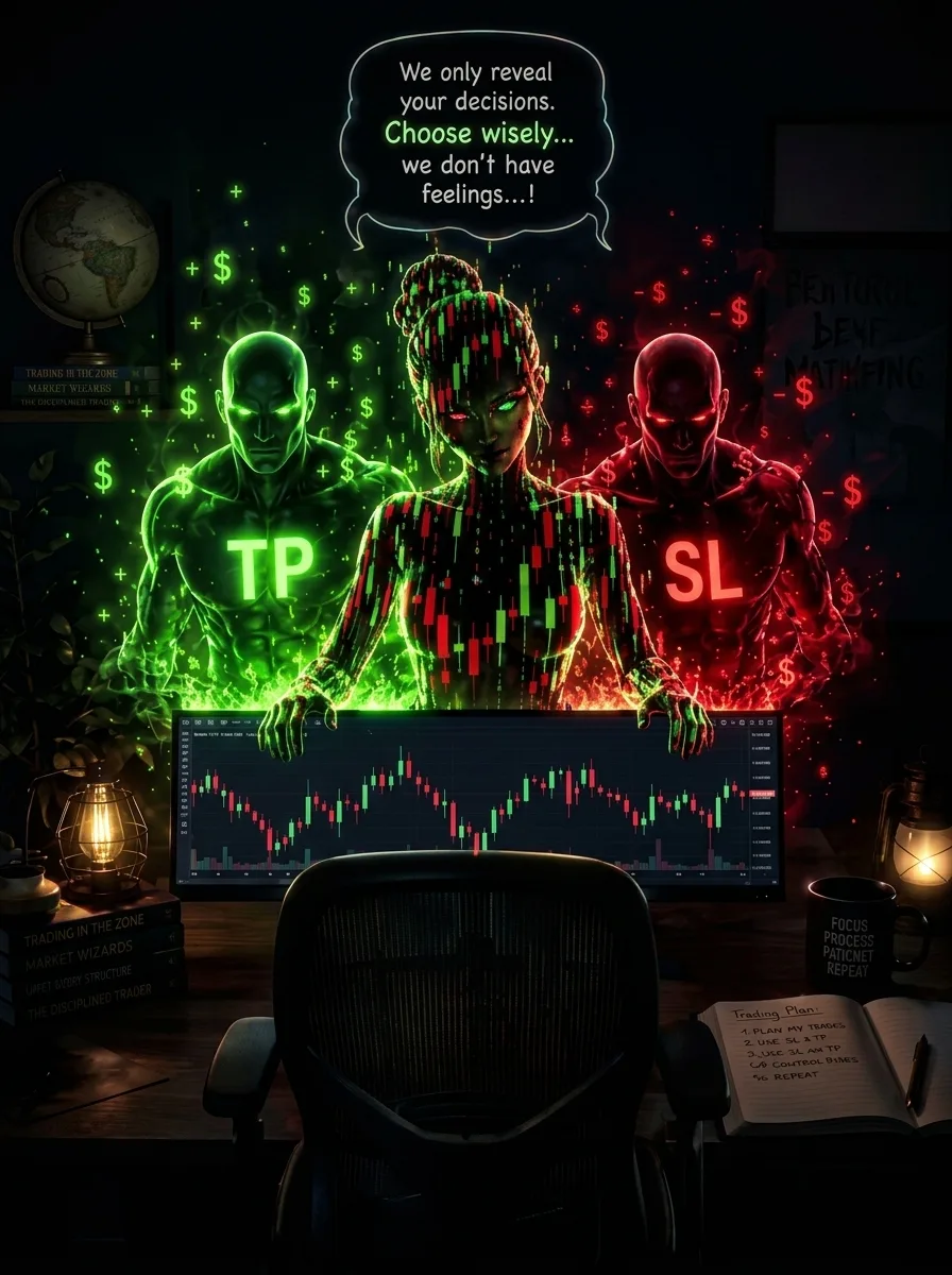 A high-quality 9:16 aspect ratio conceptual art about trading psychology.