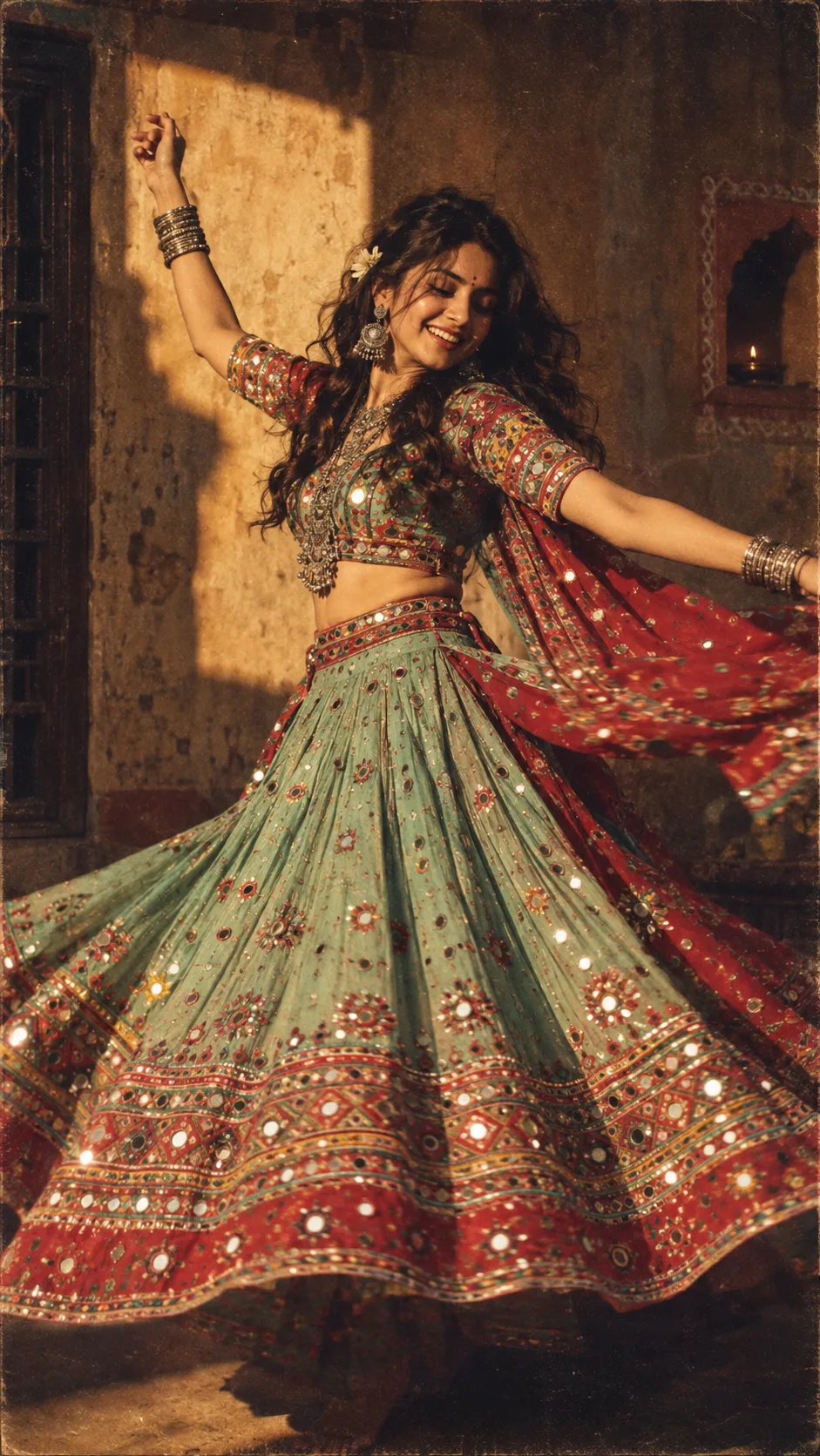 A beautiful young Indian woman dancing garba with joyful abandon, captured mid-spin in a heavy mint-green and red chaniya choli with rich
