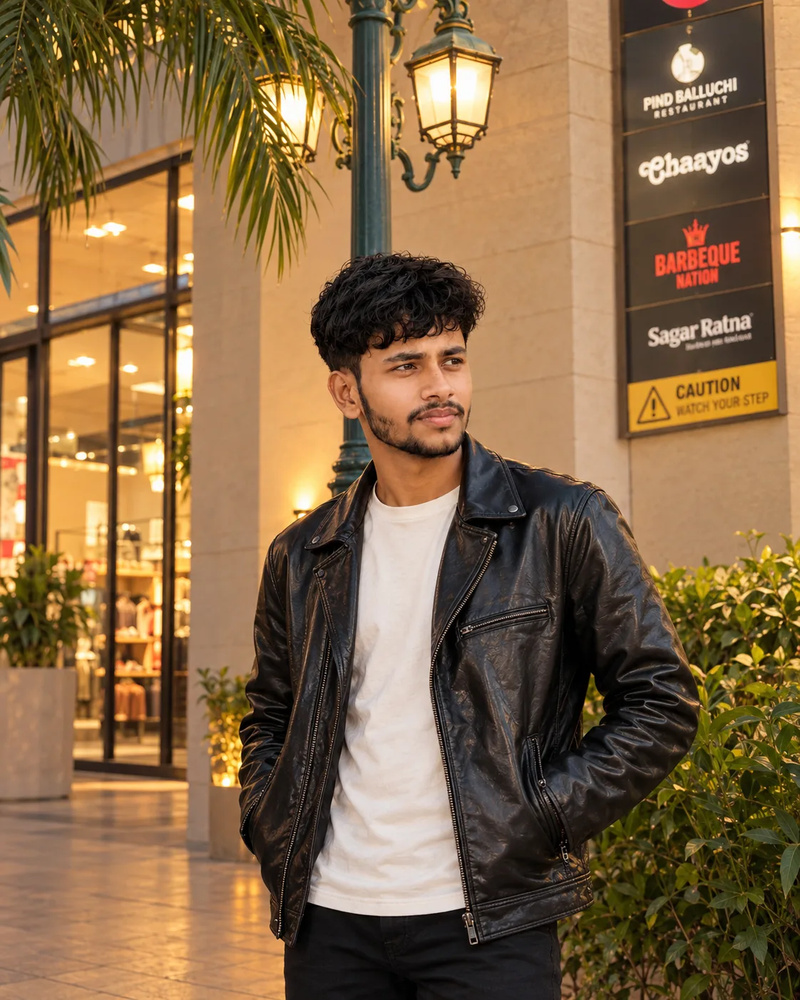 ULTRA-REALISTIC PROFESSIONAL DSLR PHOTOGRAPH, vertical 4:5 portrait of a young South Asian man standing casually in an upscale outdoor