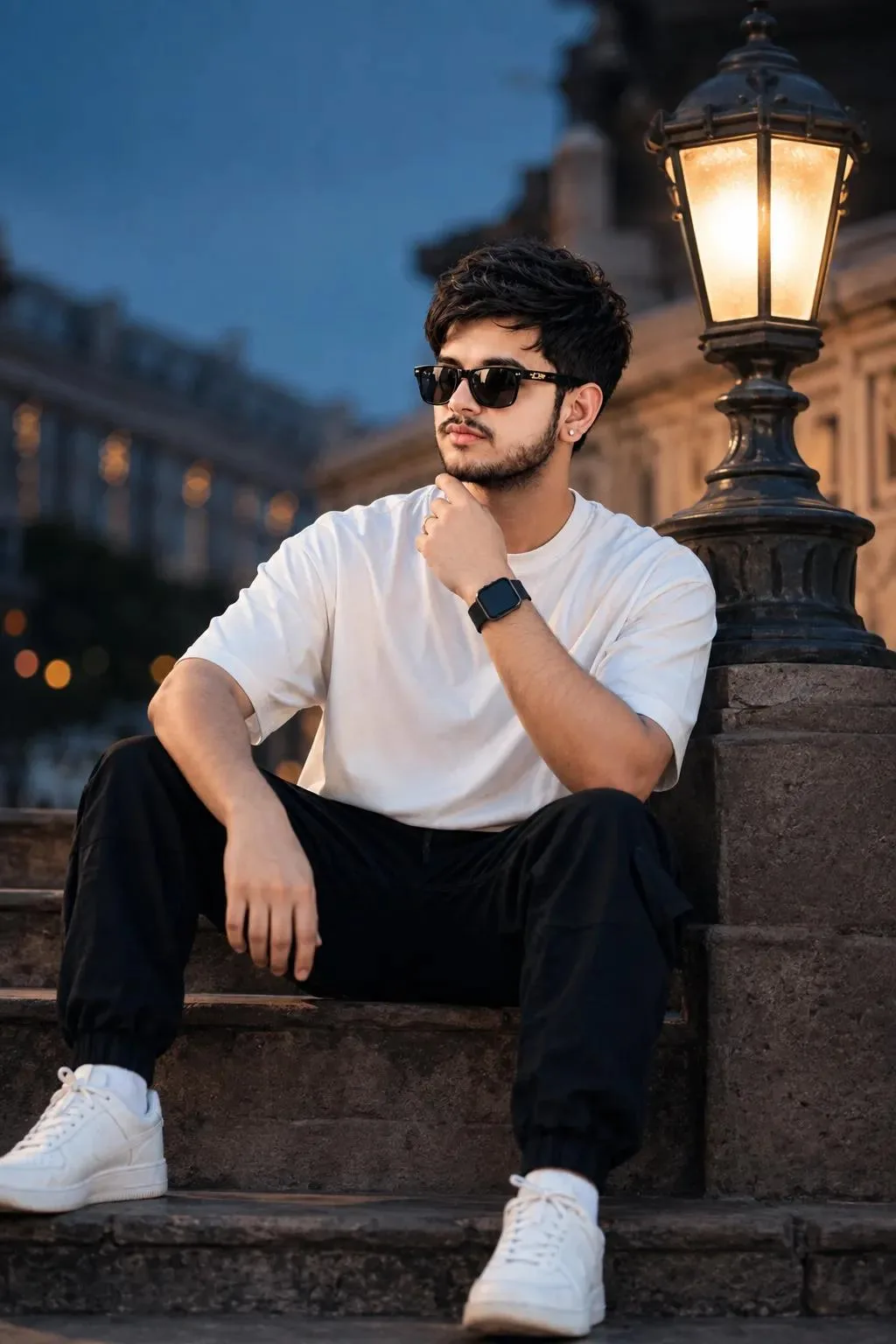 A realistic 8K resolution cinematic portrait of a 20-year-old young man with a height of 5'8" and a weight of 75 kg, sitting on stone steps