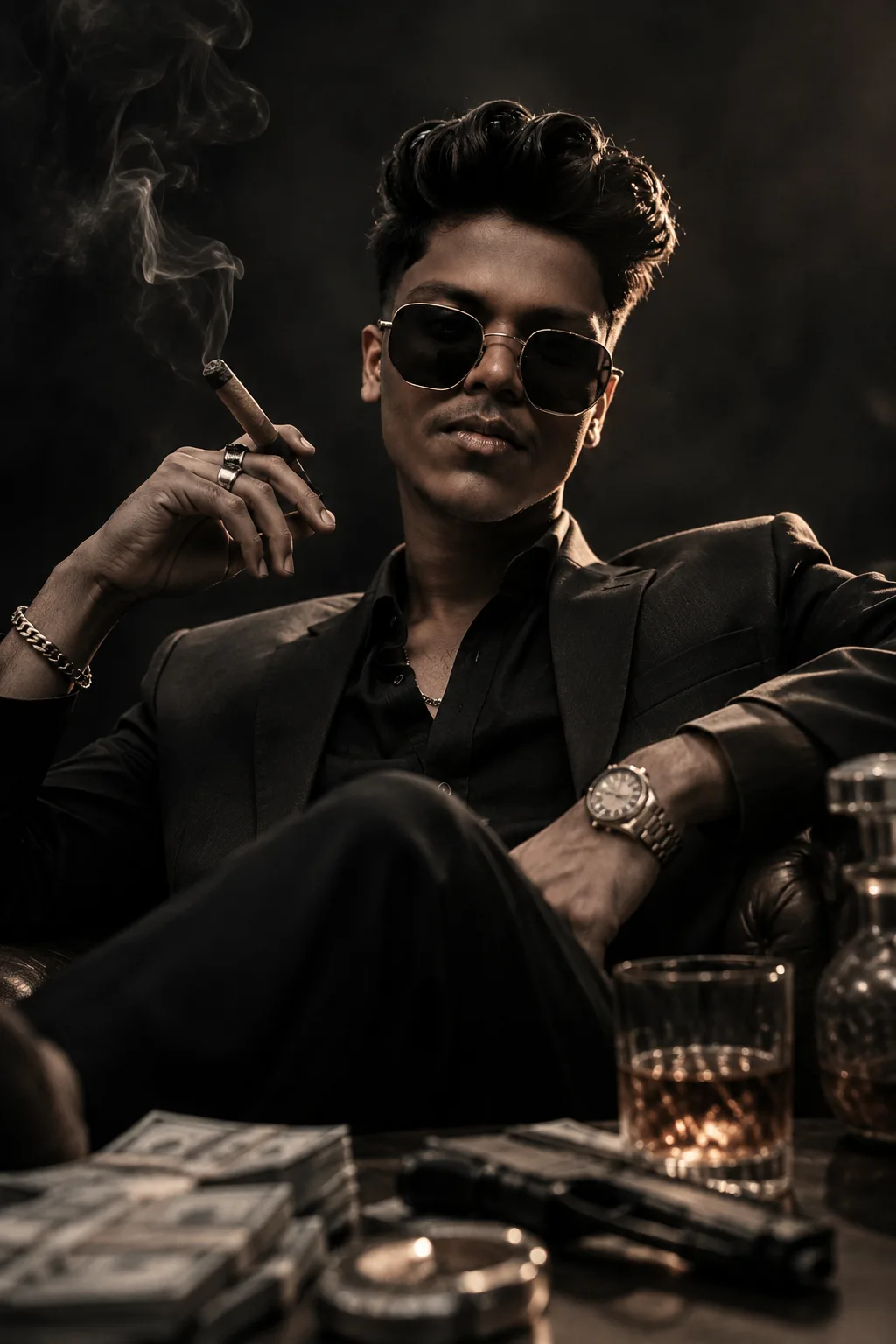 Create an ultra-realistic cinematic luxury gangster editorial portrait of a stylish young man seated confidently in a dark premium leather