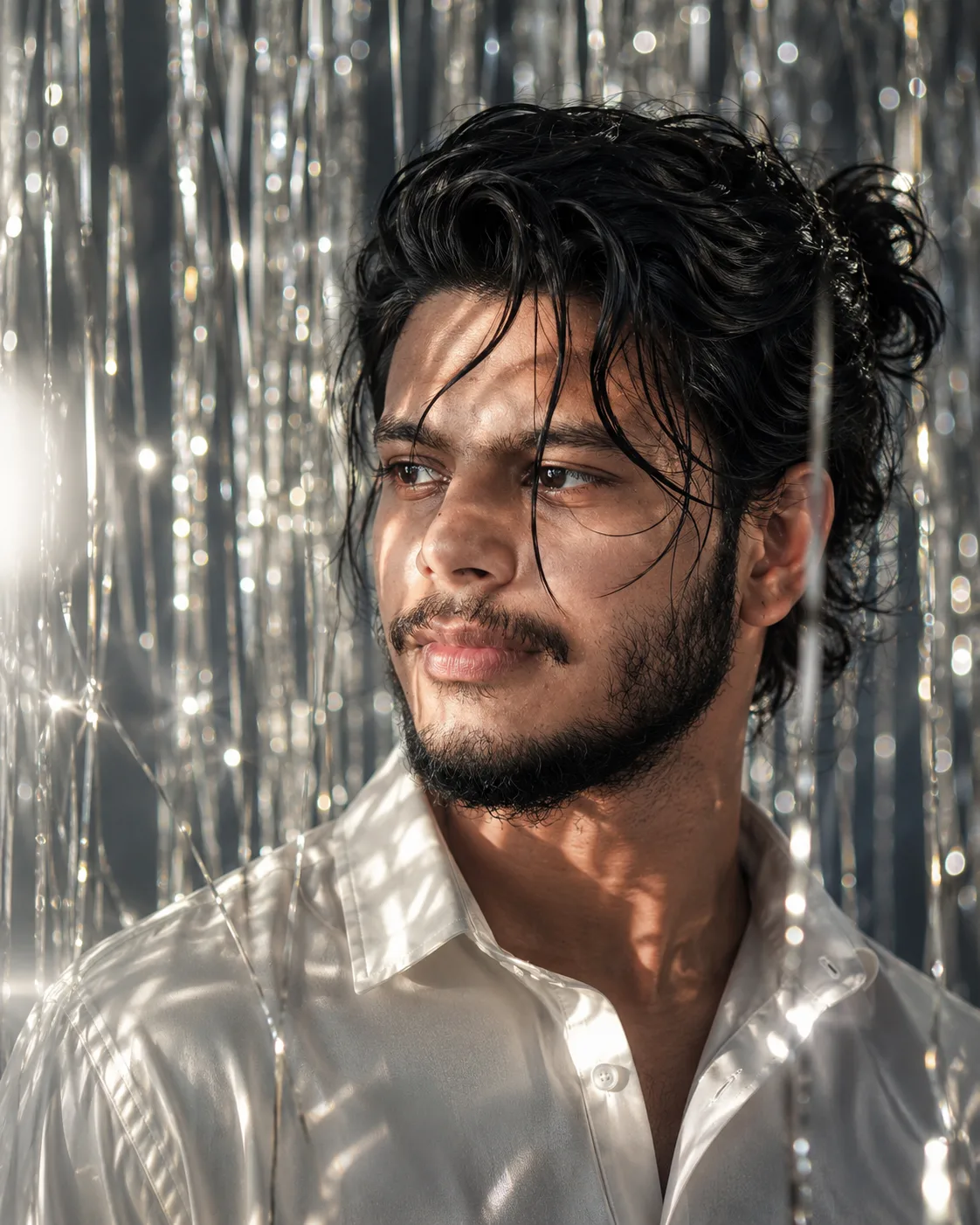Photorealistic close-up portrait of a young South Asian man with light brown skin, sharp jawline, full black beard and mustache, intense