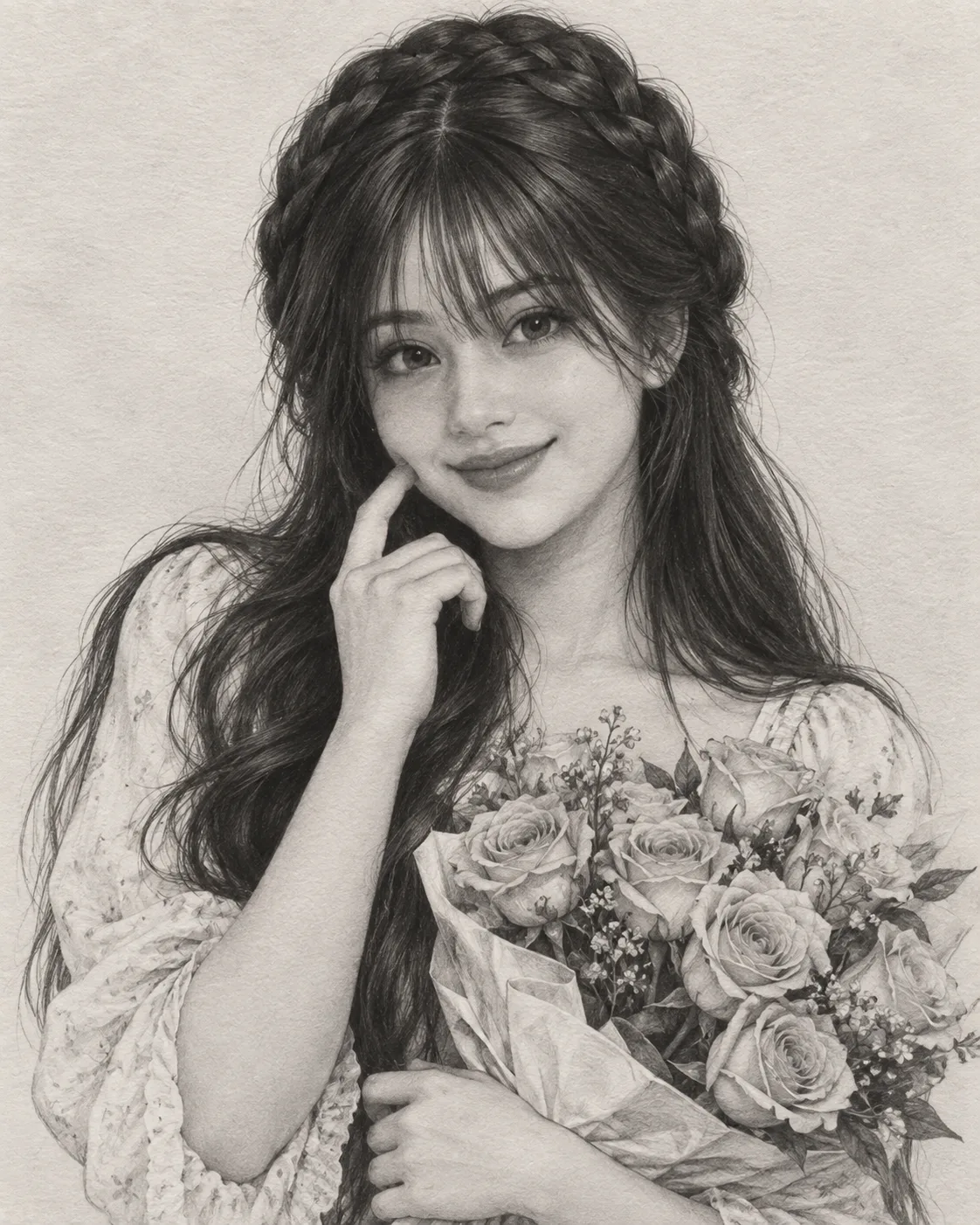 Create an ultra-realistic black-and-white graphite pencil portrait drawing of a beautiful young woman, presented as a highly detailed