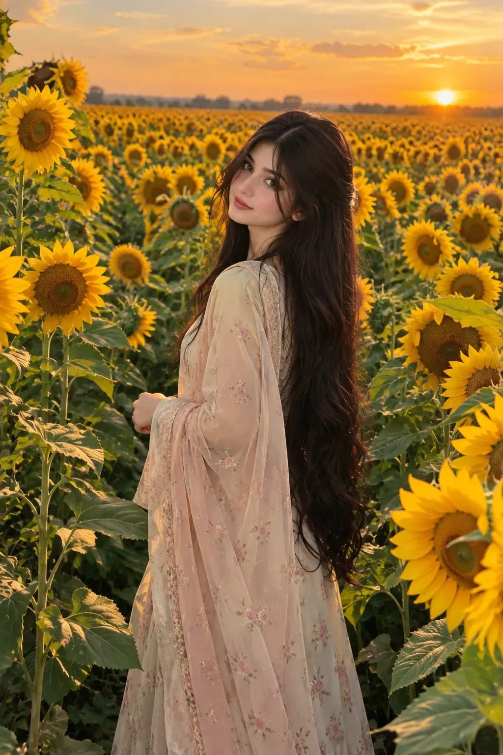 A beautiful young woman standing gracefully in an endless sunflower garden, surrounded by countless vibrant yellow sunflowers stretching