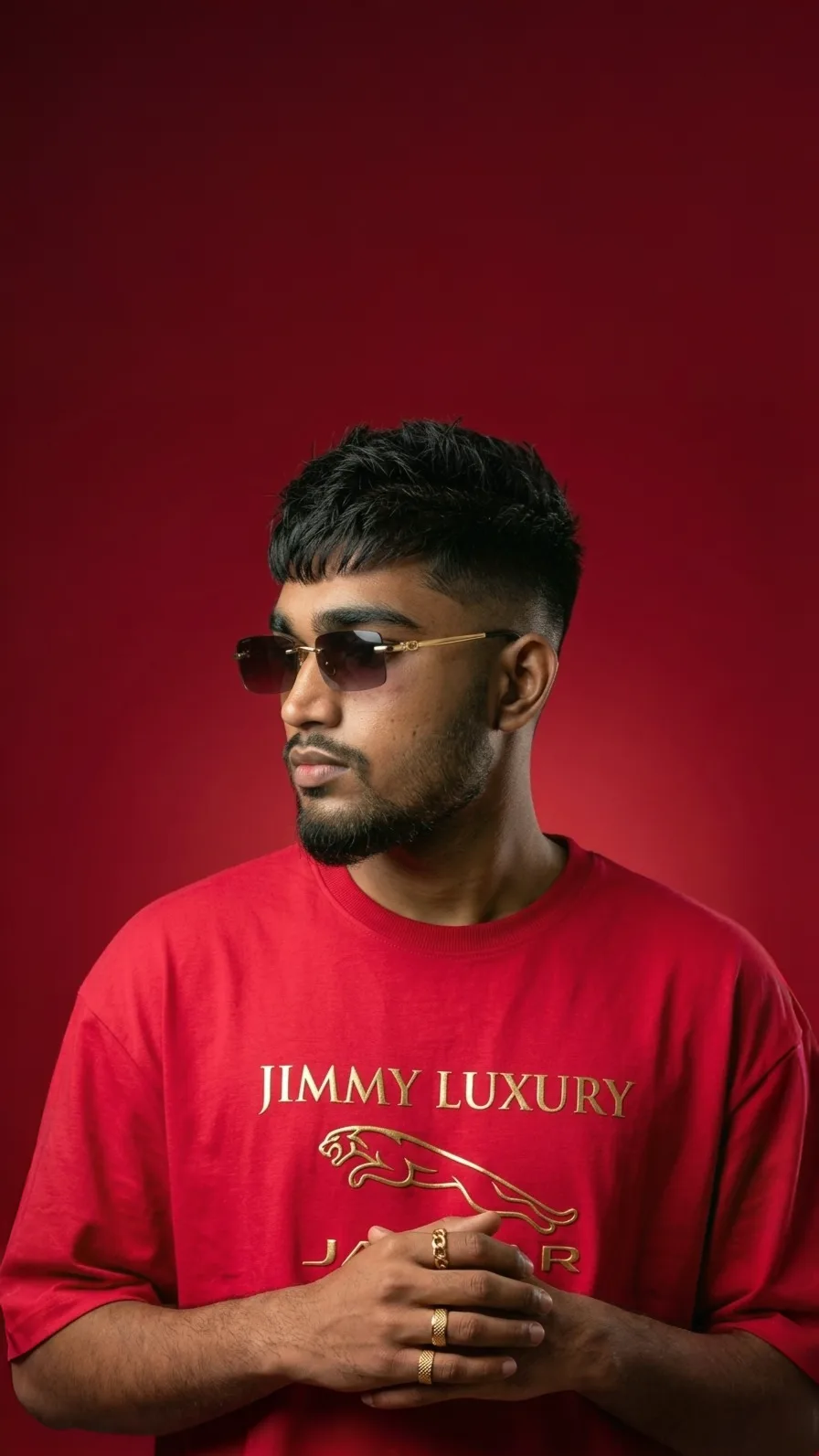 A photorealistic vertical medium close-up studio portrait of the young South Asian man from the reference image, faithfully preserving his