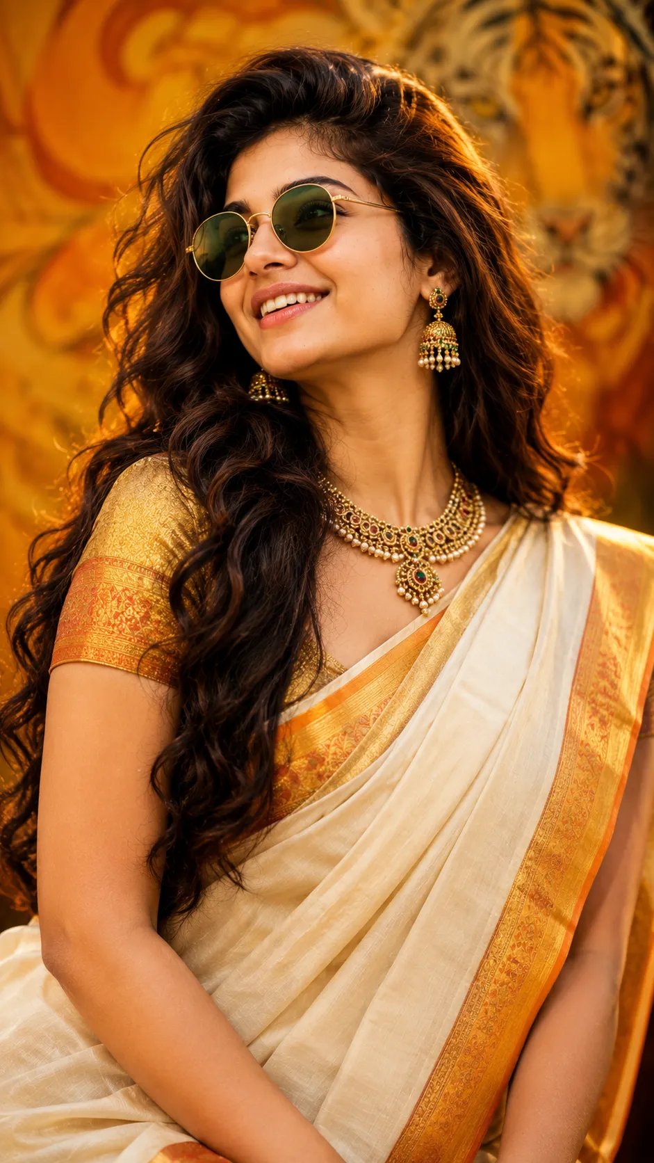 Ultra-realistic 9:16 DSLR portrait of a young Indian woman in a cream Kerala saree with golden-orange border, matching blouse, antique-gold