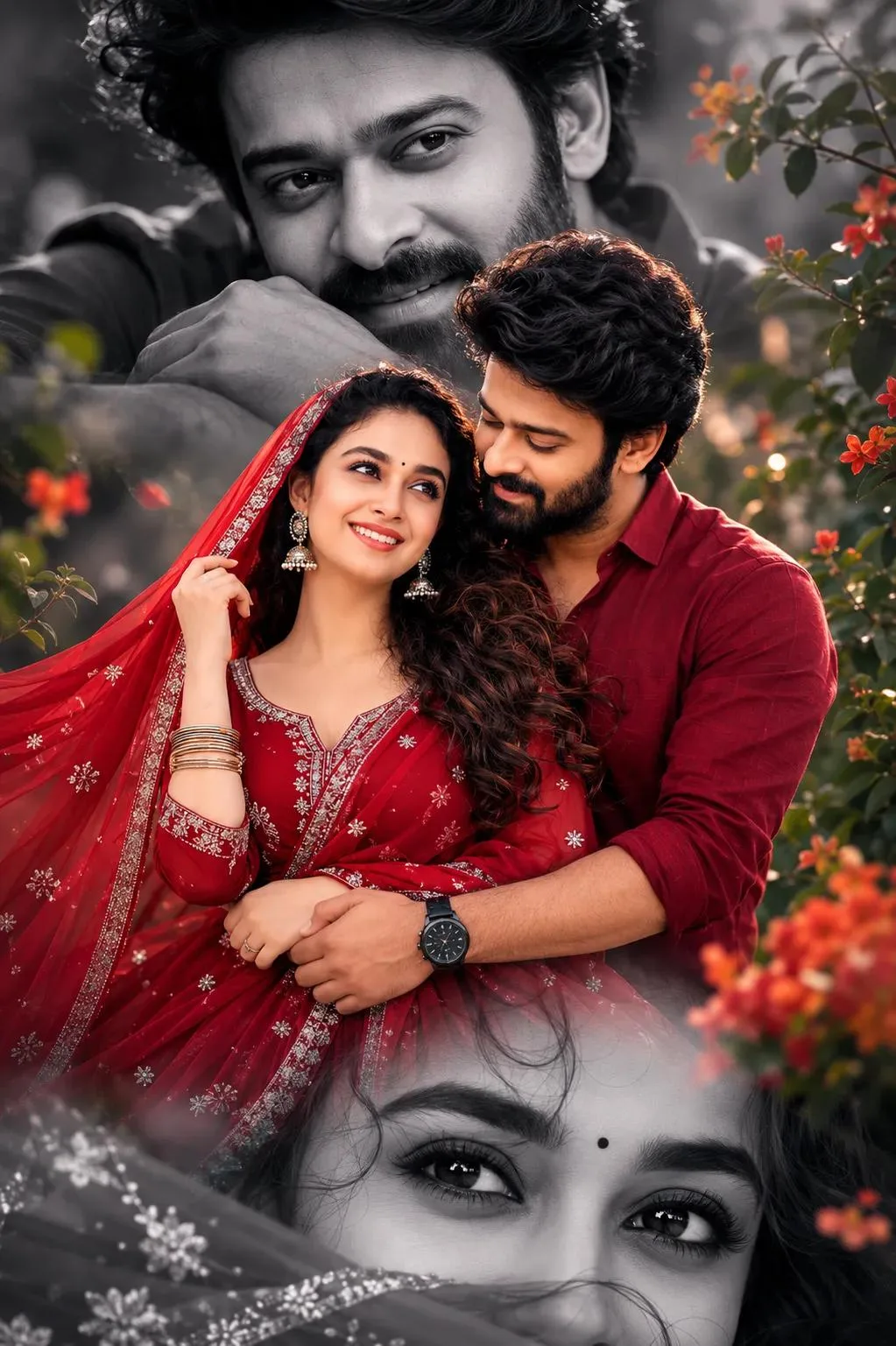 A cinematic romantic portrait of a young Indian couple in love, dramatic layered composition.