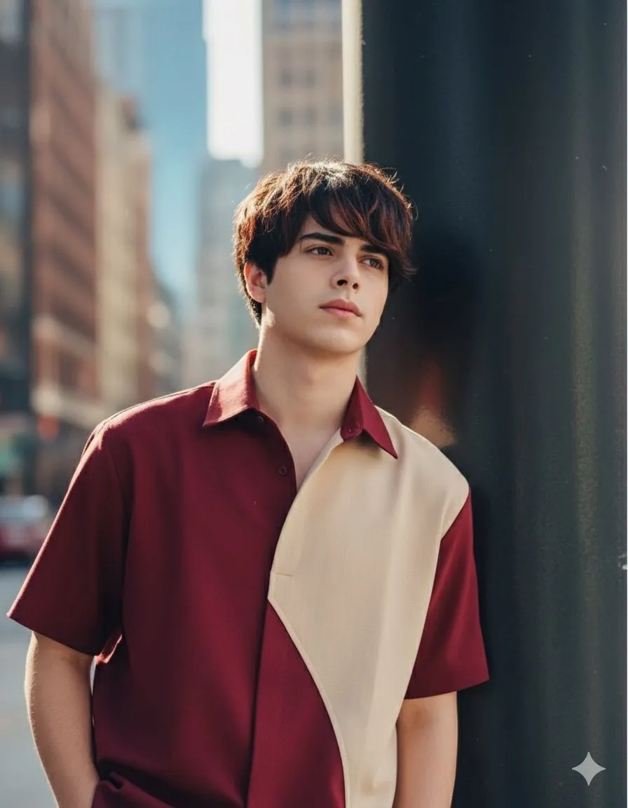 A high-quality, realistic cinematic portrait of a handsome young East Asian man leaning against a dark pillar on a city street.