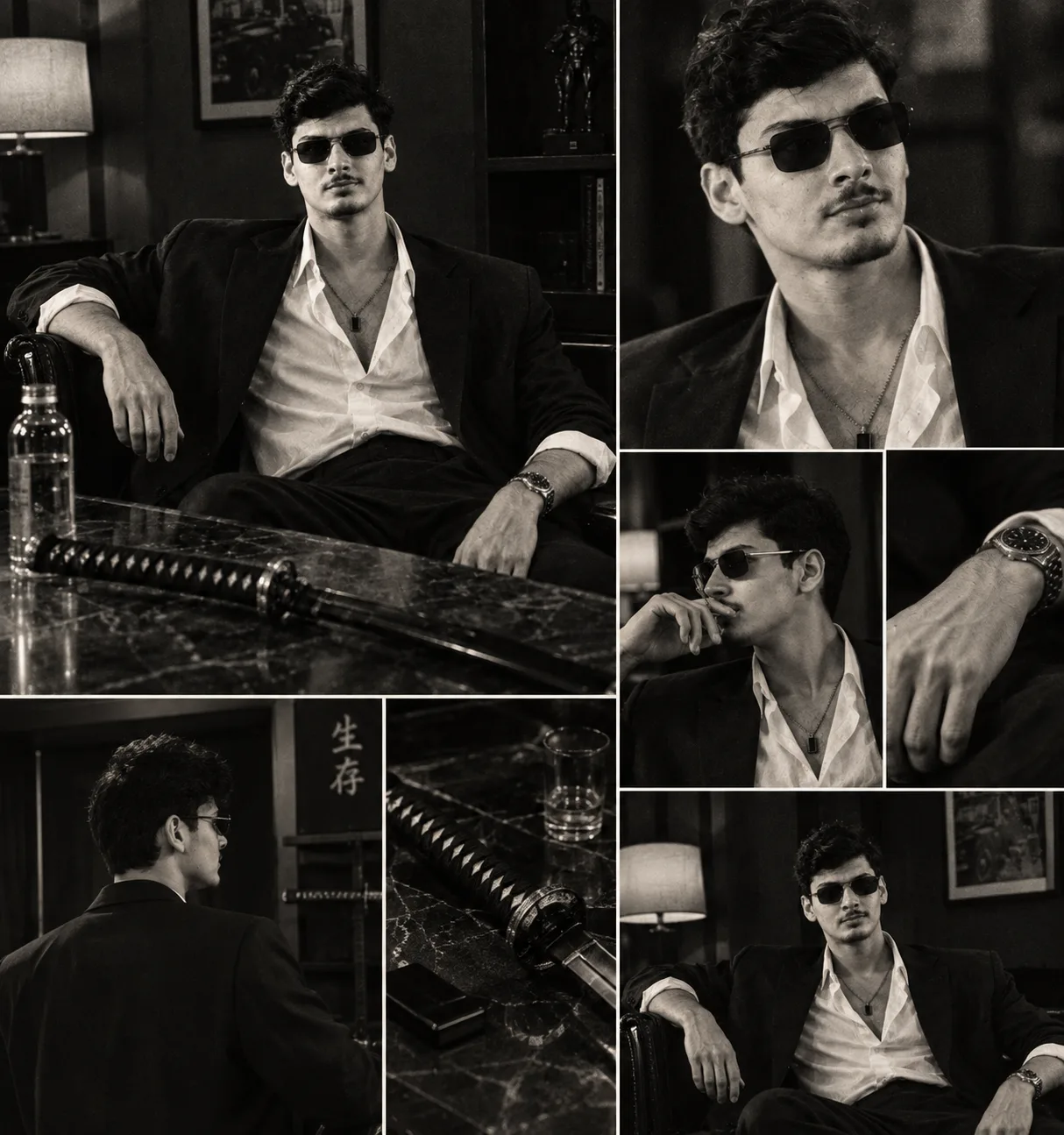 Create an ultra-realistic cinematic black-and-white editorial photography collage featuring the SAME young man from the uploaded reference