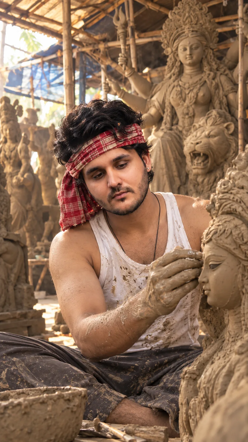 A hyper-realistic, cinematic vertical portrait of a young South Asian artisan with curly hair, wearing a red and white checkered cloth tied