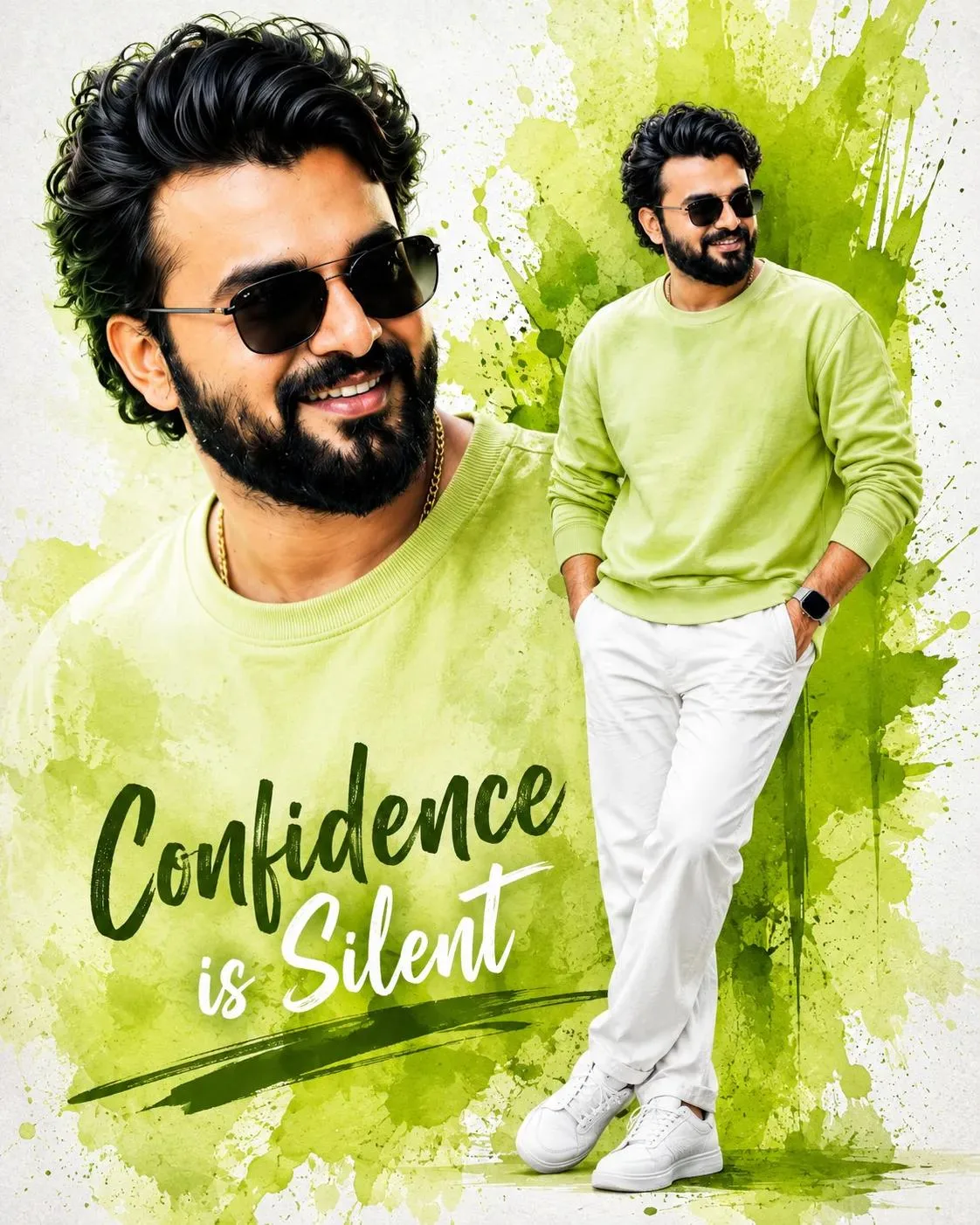 A stylish handsome young Indian man wearing a light lime green sweatshirt, white pants and white sneakers, with black sunglasses and a