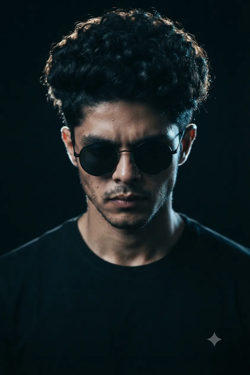 Ultra-realistic cinematic studio portrait of a young Indian man, front-facing pose with head slightly tilted down, eyes looking downward,