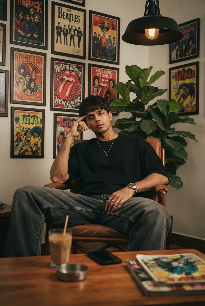 Create an ultra-realistic, high-end cinematic lifestyle portrait of a young man sitting casually in a vintage brown leather armchair inside