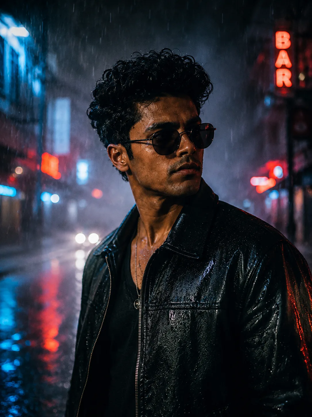 Close-up cinematic portrait of the uploaded young man with slightly wet curly dark hair, wearing a stylish black leather jacket on a rainy