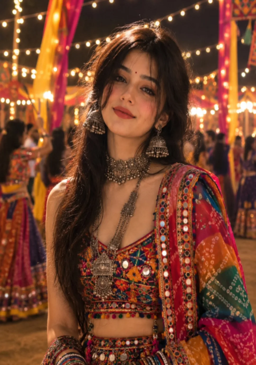 "Transform this photo into a realistic Gujarati Garba-night portrait.