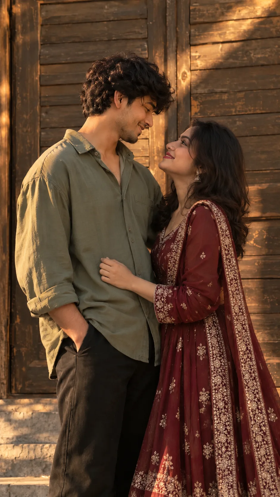 > A realistic photo of a young Indian couple sharing a candid, affectionate moment together.