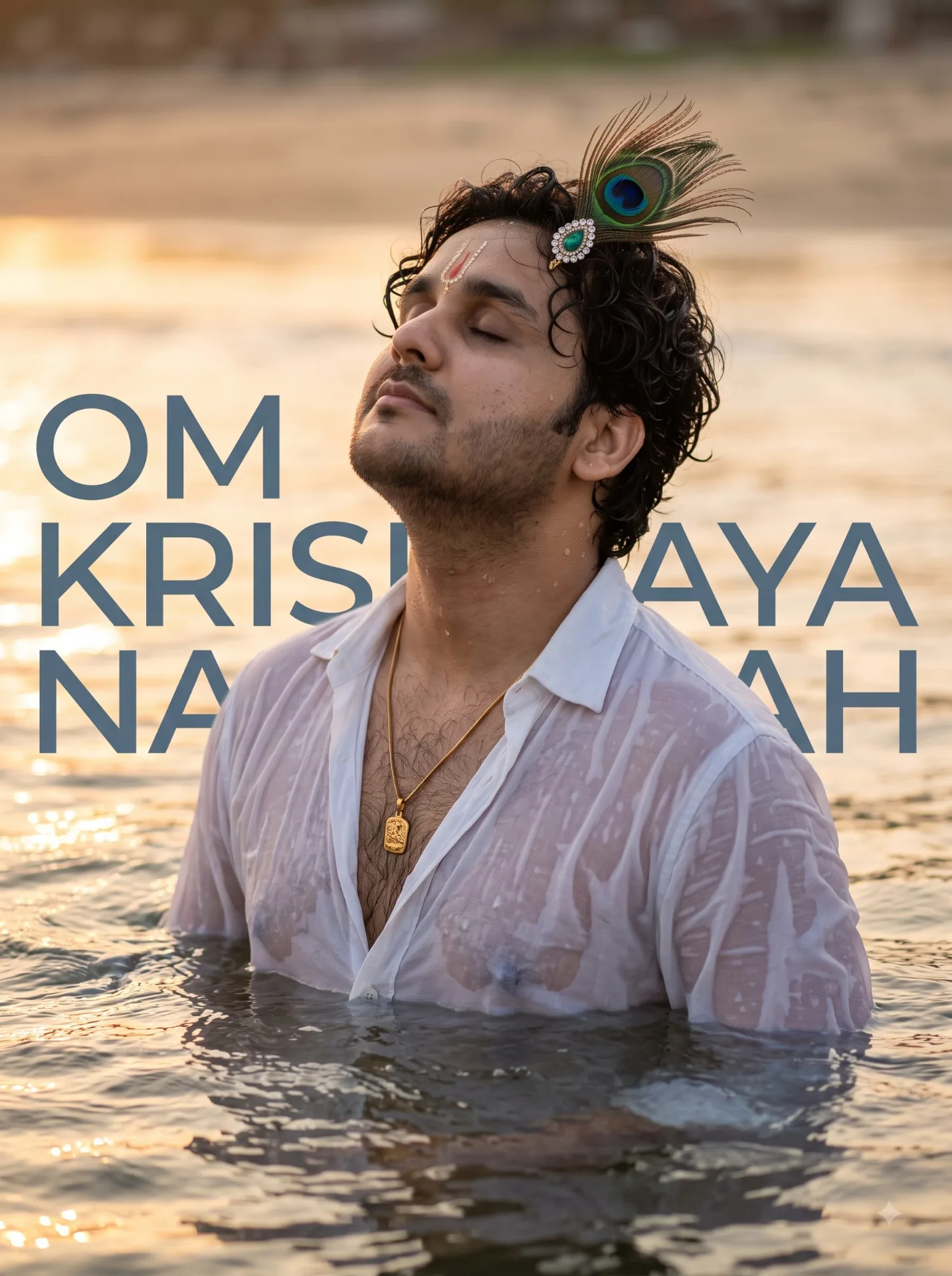 A cinematic ultra-realistic portrait of a handsome young Indian man standing chest-deep in gently moving ocean water at golden hour, eyes