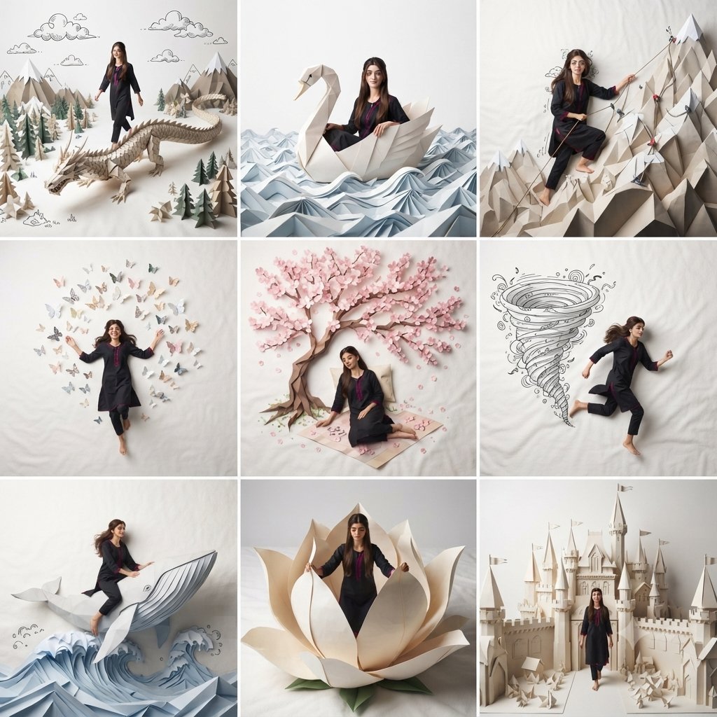 GPT image 2 via chatgpt Prompt: A professional 3x3 collage featuring the same beautiful woman from the uploaded reference image with