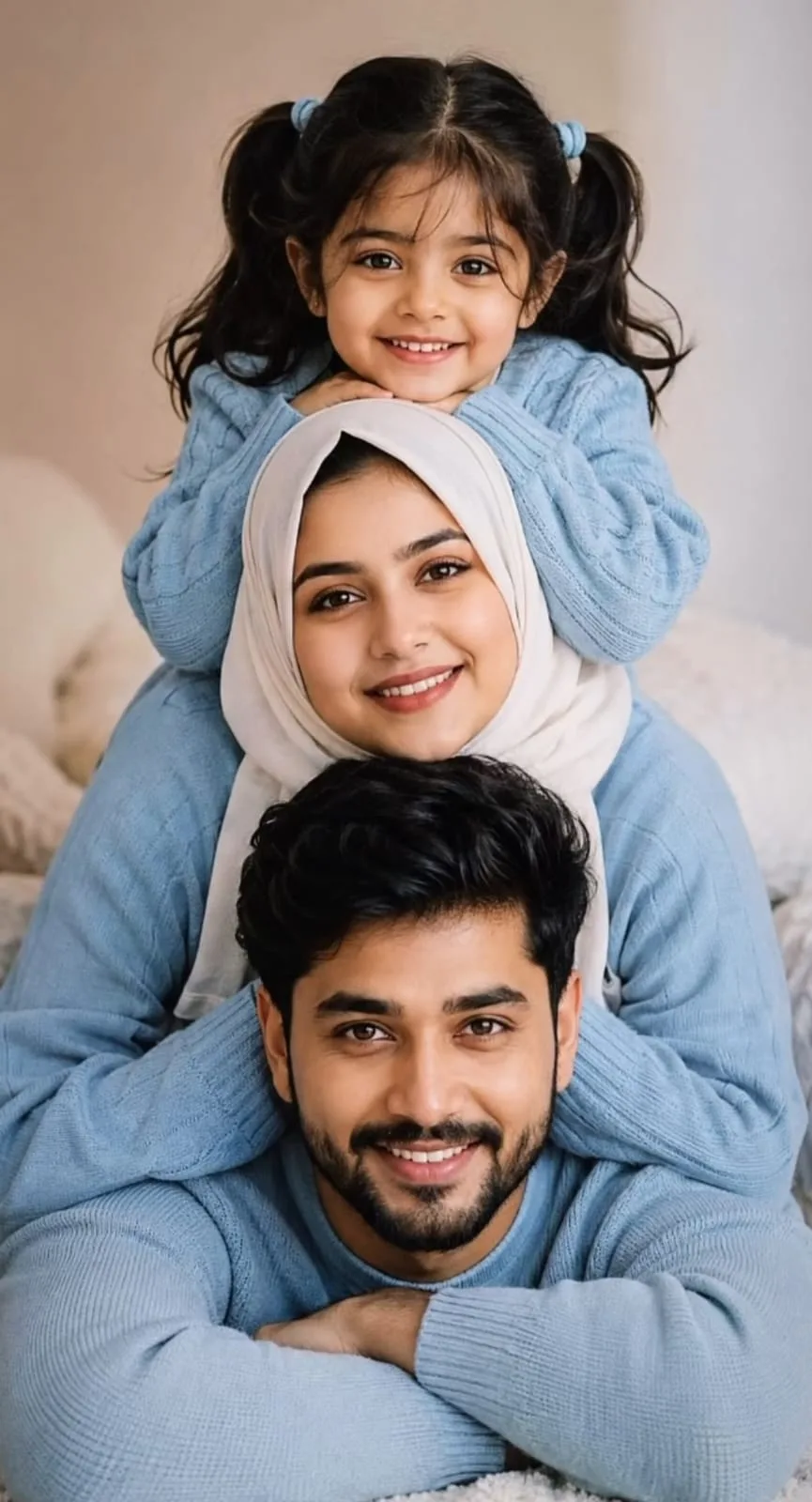 *A warm, cozy family portrait of three people stacked vertically, featuring a smiling father at the bottom, a beautiful mother wearing a