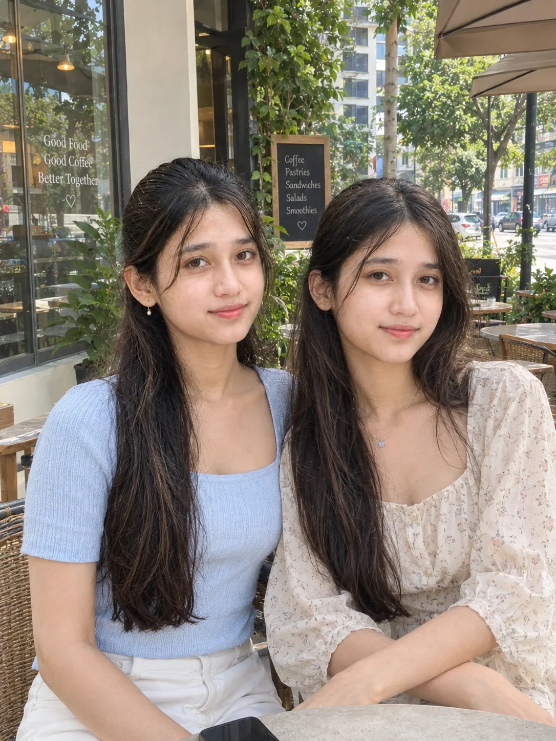 Ultra realistic photograph of two young women sitting together at an outdoor cafe during daytime, shot on a real DSLR camera.