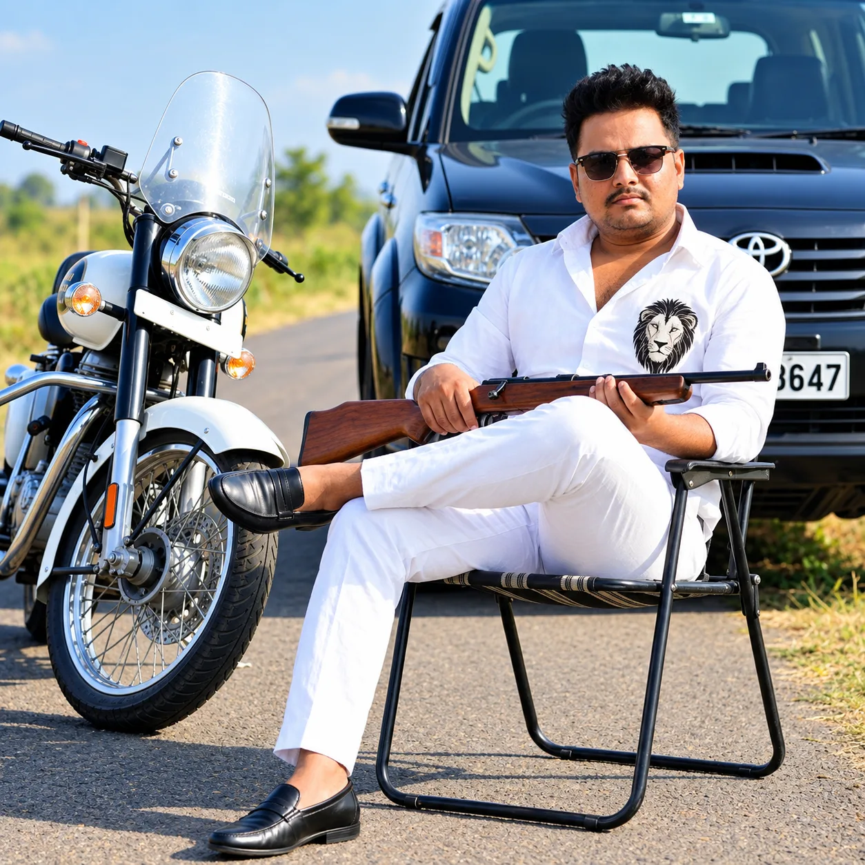 “Create an ultra-realistic 4K/8K cinematic portrait of a confident South Asian man wearing a crisp white outfit, dark sunglasses, and black