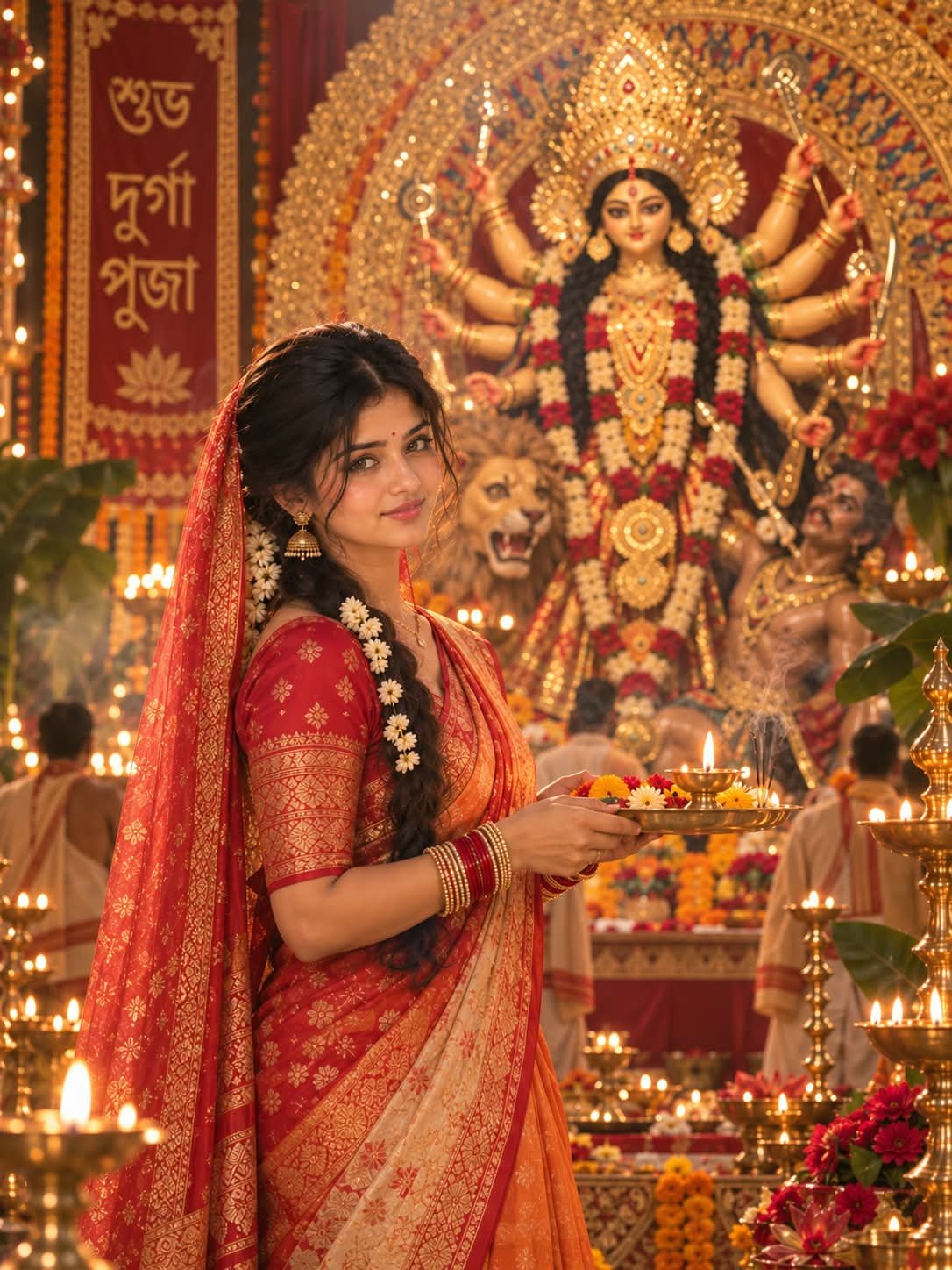 Prompt by @aipromptsgenz Create a cinematic, ultra-realistic portrait of a graceful young Indian woman performing a traditional Durga Puja