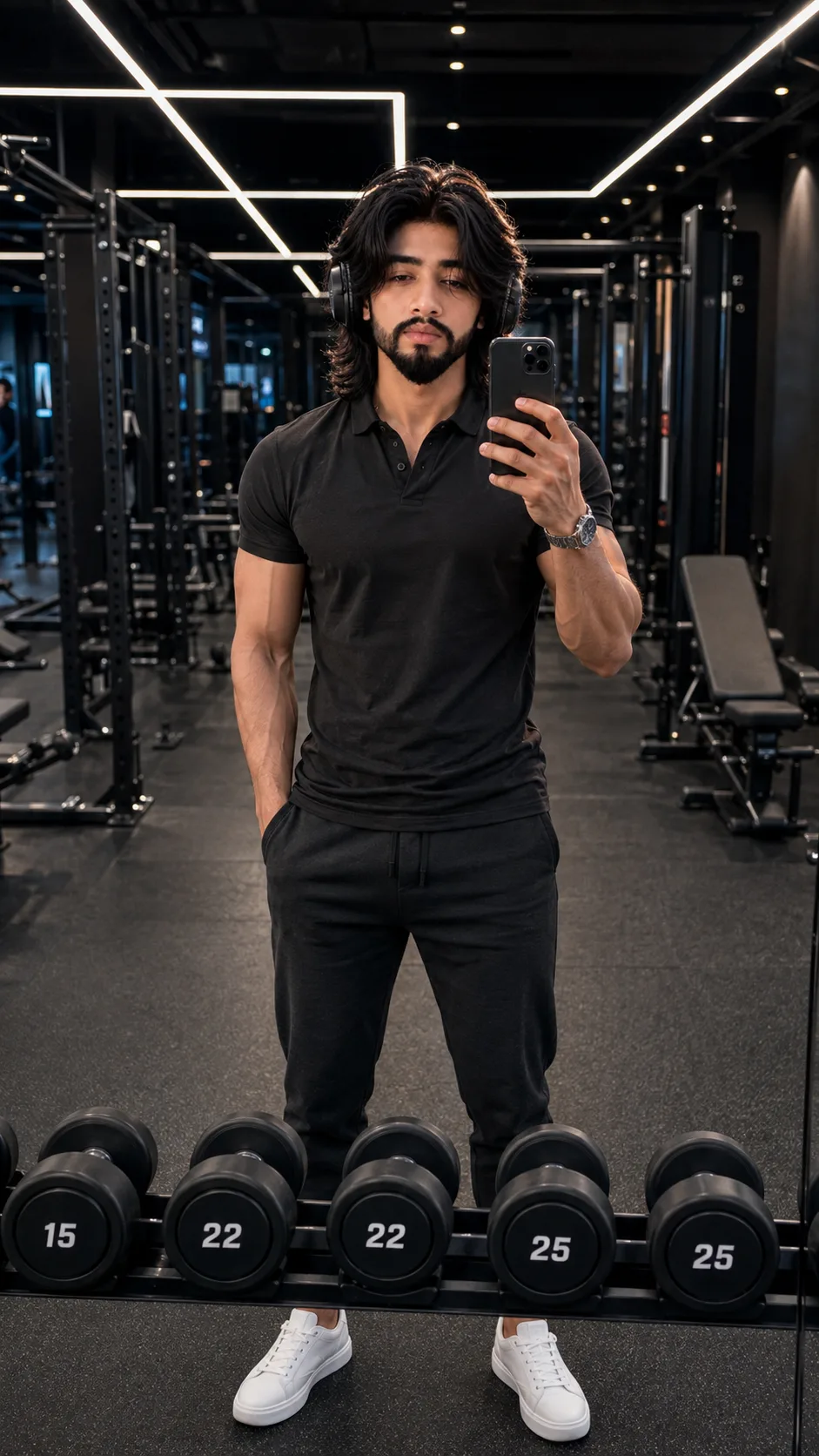 A breathtakingly handsome young male fitness model taking a mirror selfie inside an ultra-modern luxury gym.