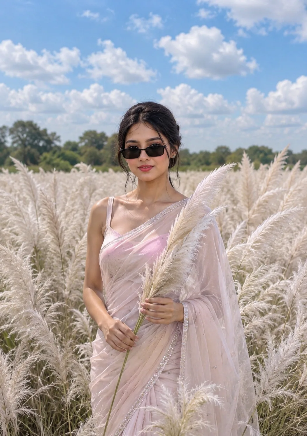 Create a completely new elegant outdoor fashion portrait from the uploaded photo.